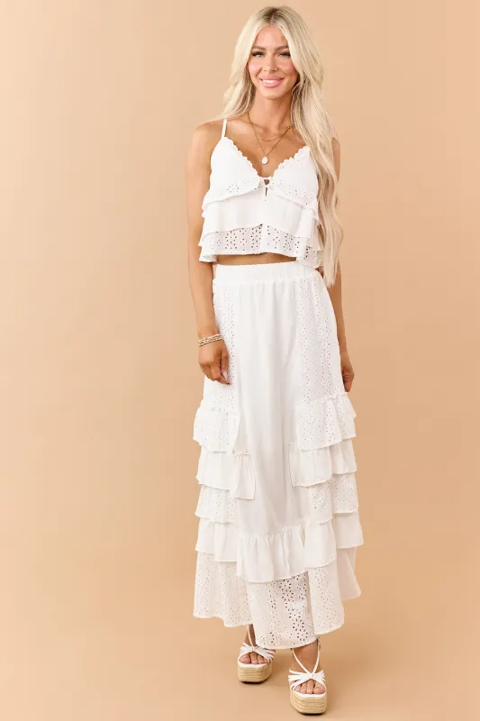 Off White Eyelet Lace Ruffle Tiered Maxi Skirt made by ILLA ILLA
