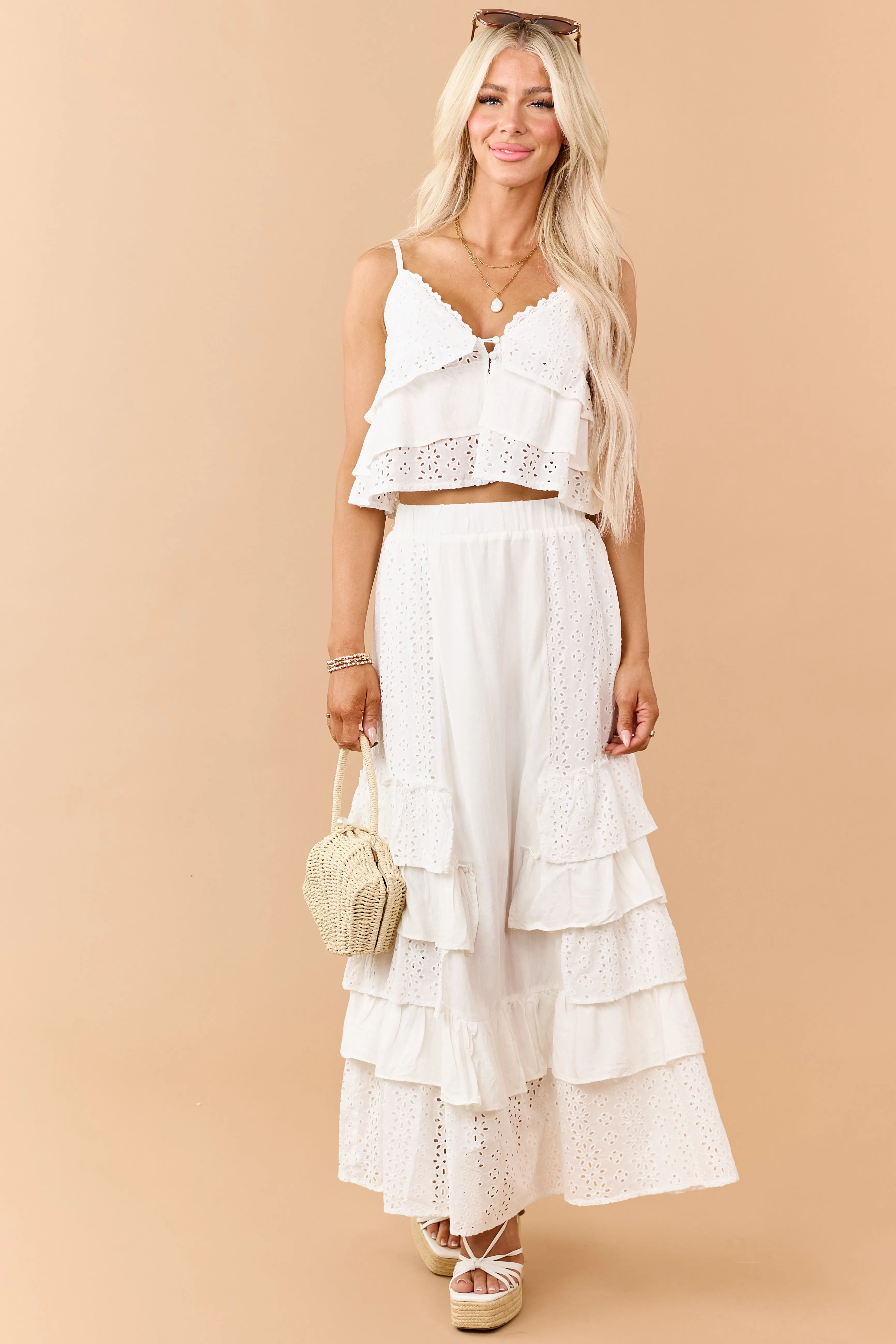 Off White Eyelet Lace Ruffle Tiered Maxi Skirt sold by Lime Lush product image thumbnail 5