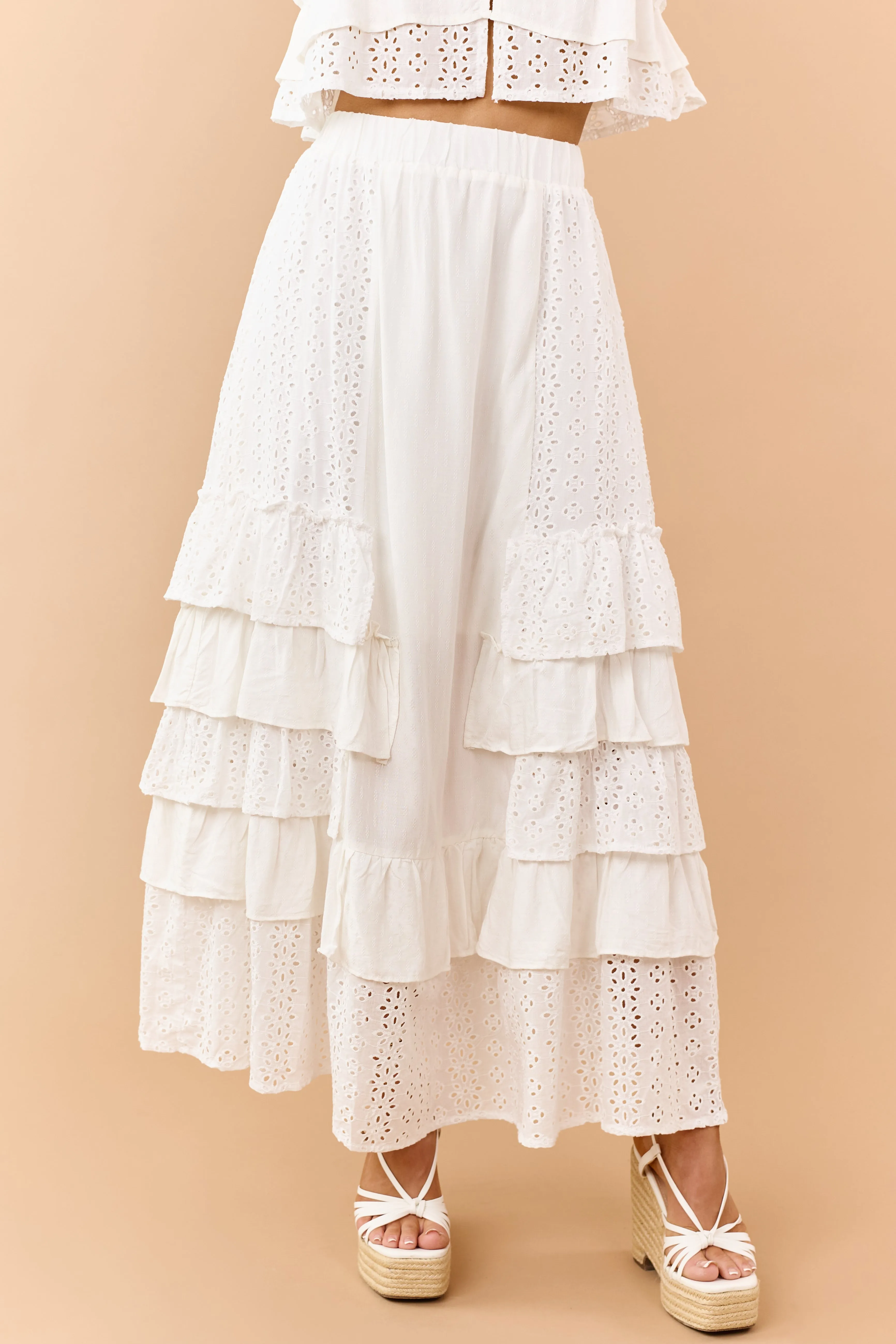 Off White Eyelet Lace Ruffle Tiered Maxi Skirt sold by Lime Lush product image thumbnail 2