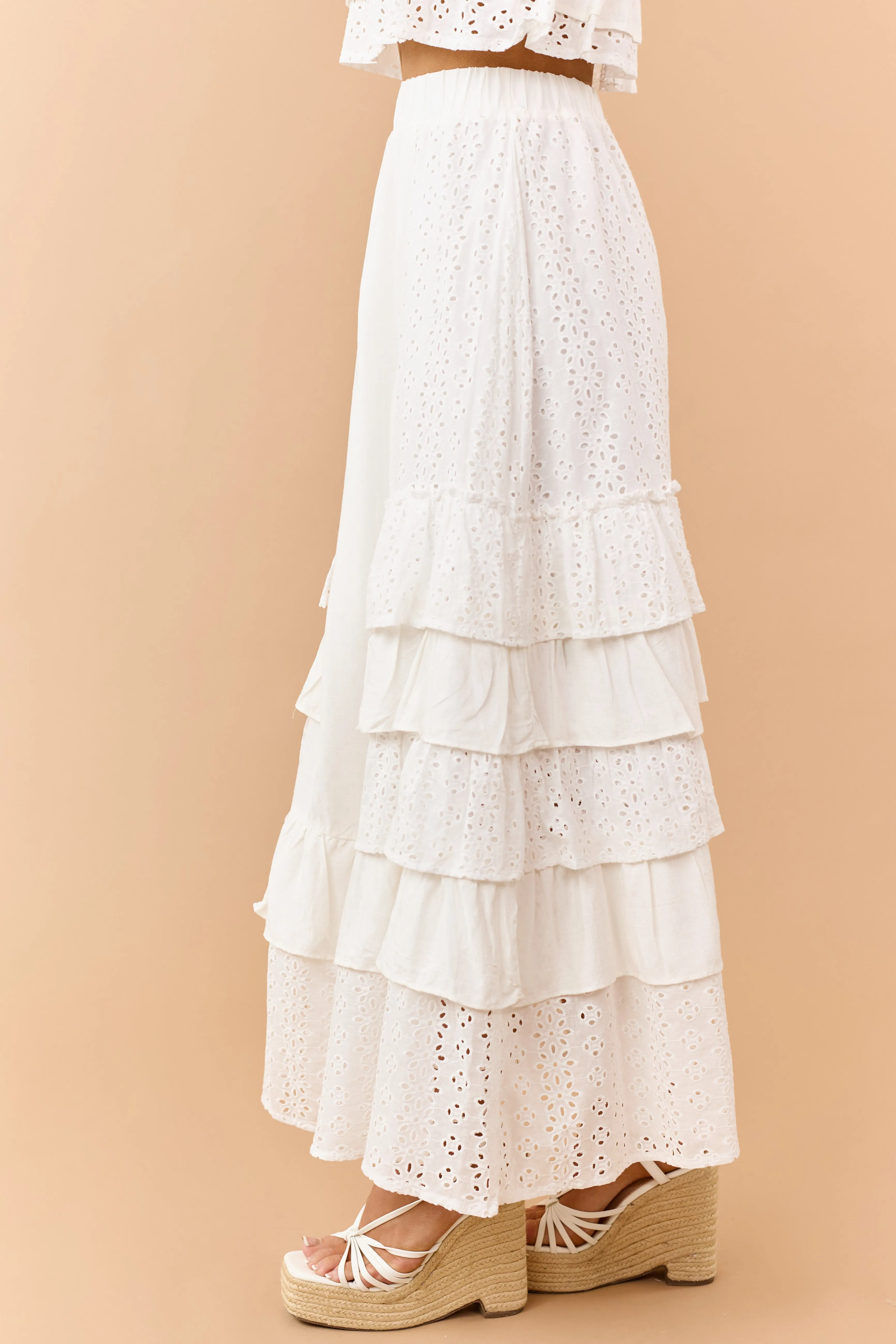 Off White Eyelet Lace Ruffle Tiered Maxi Skirt sold by Lime Lush product image thumbnail 3