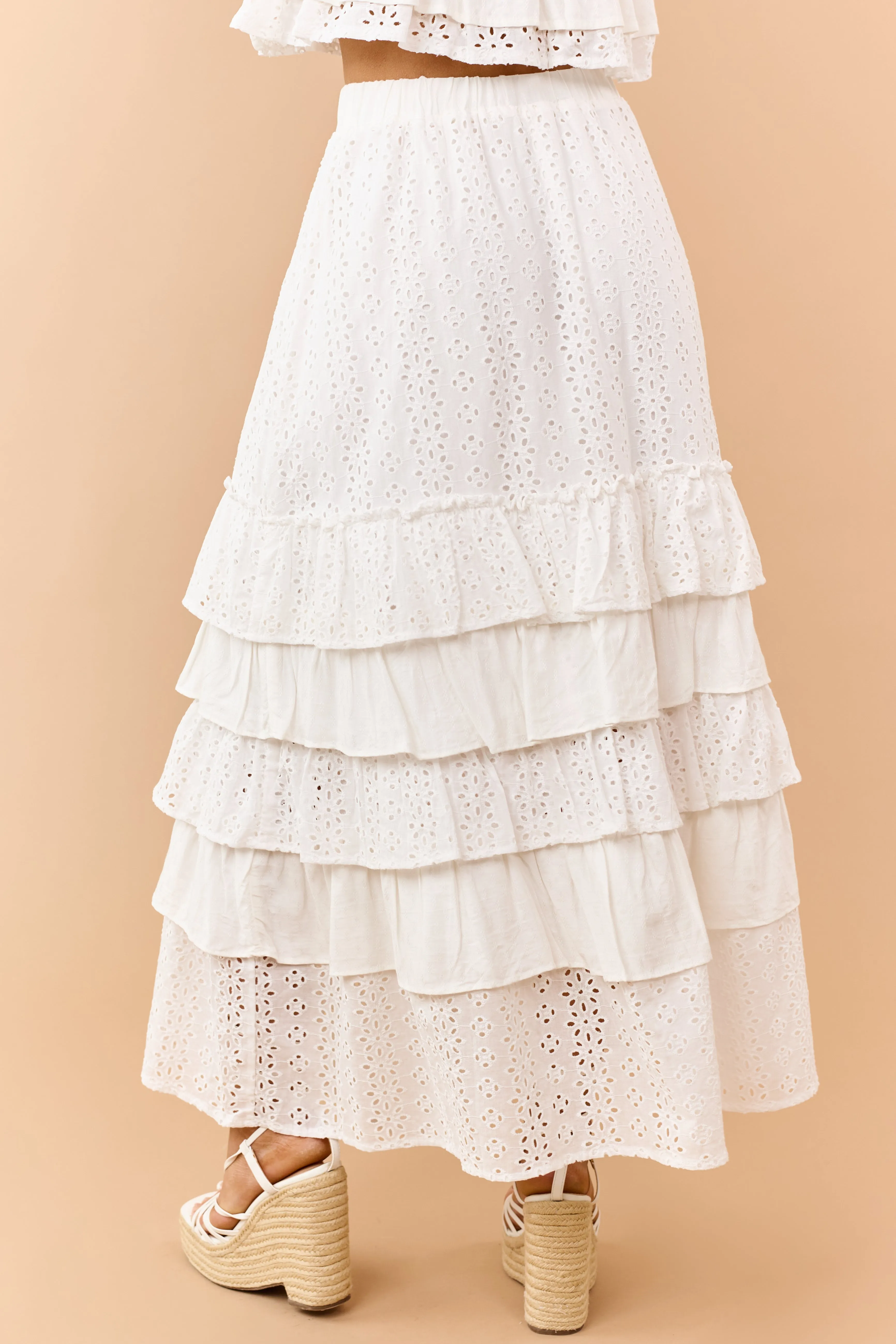Off White Eyelet Lace Ruffle Tiered Maxi Skirt sold by Lime Lush product image thumbnail 4