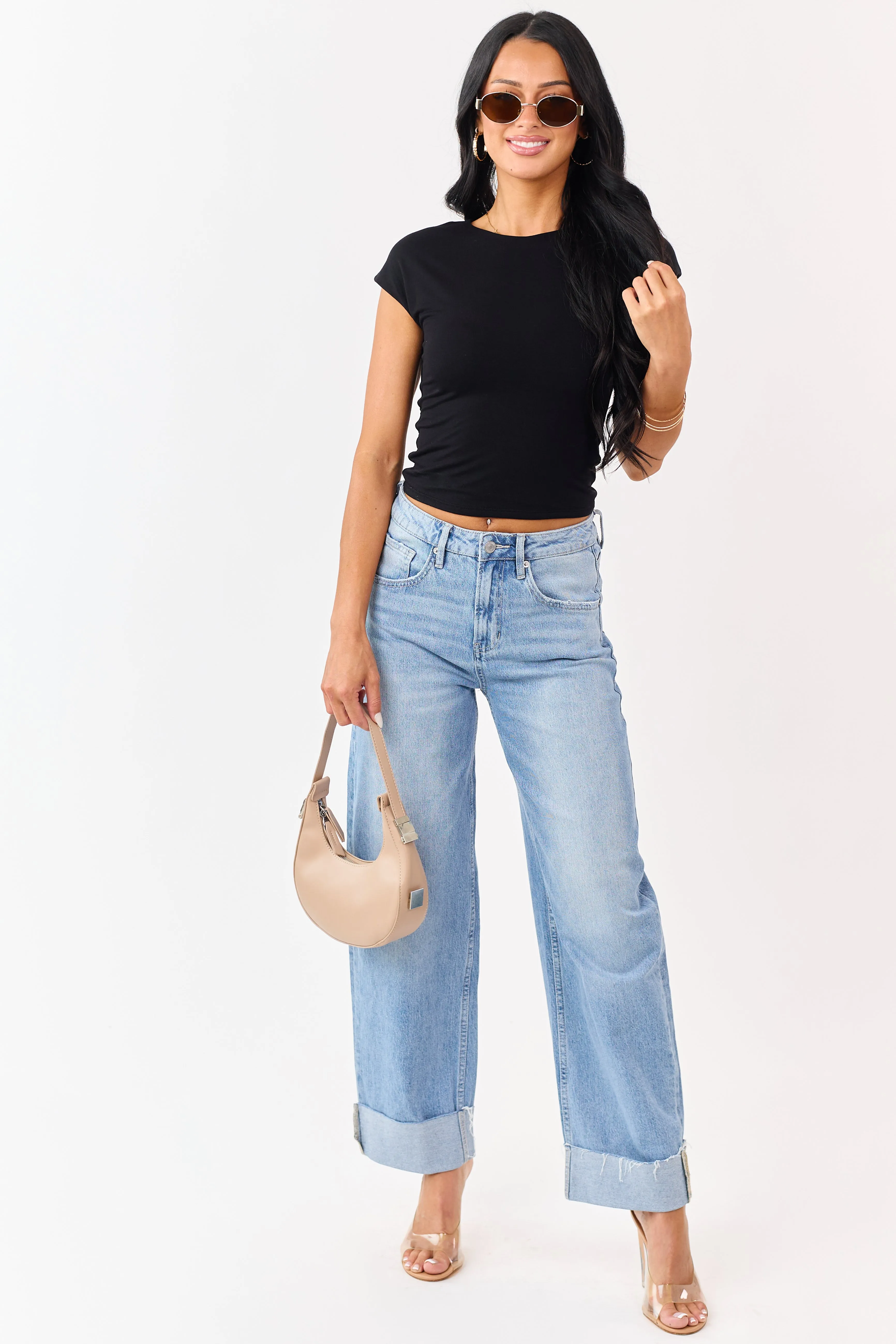 Black Soft Knit Round Neck Cap Sleeve Top sold by Lime Lush product image thumbnail 2