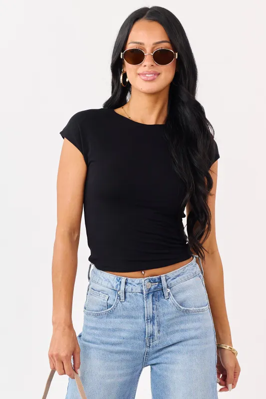 Black Soft Knit Round Neck Cap Sleeve Top made by BE COOL