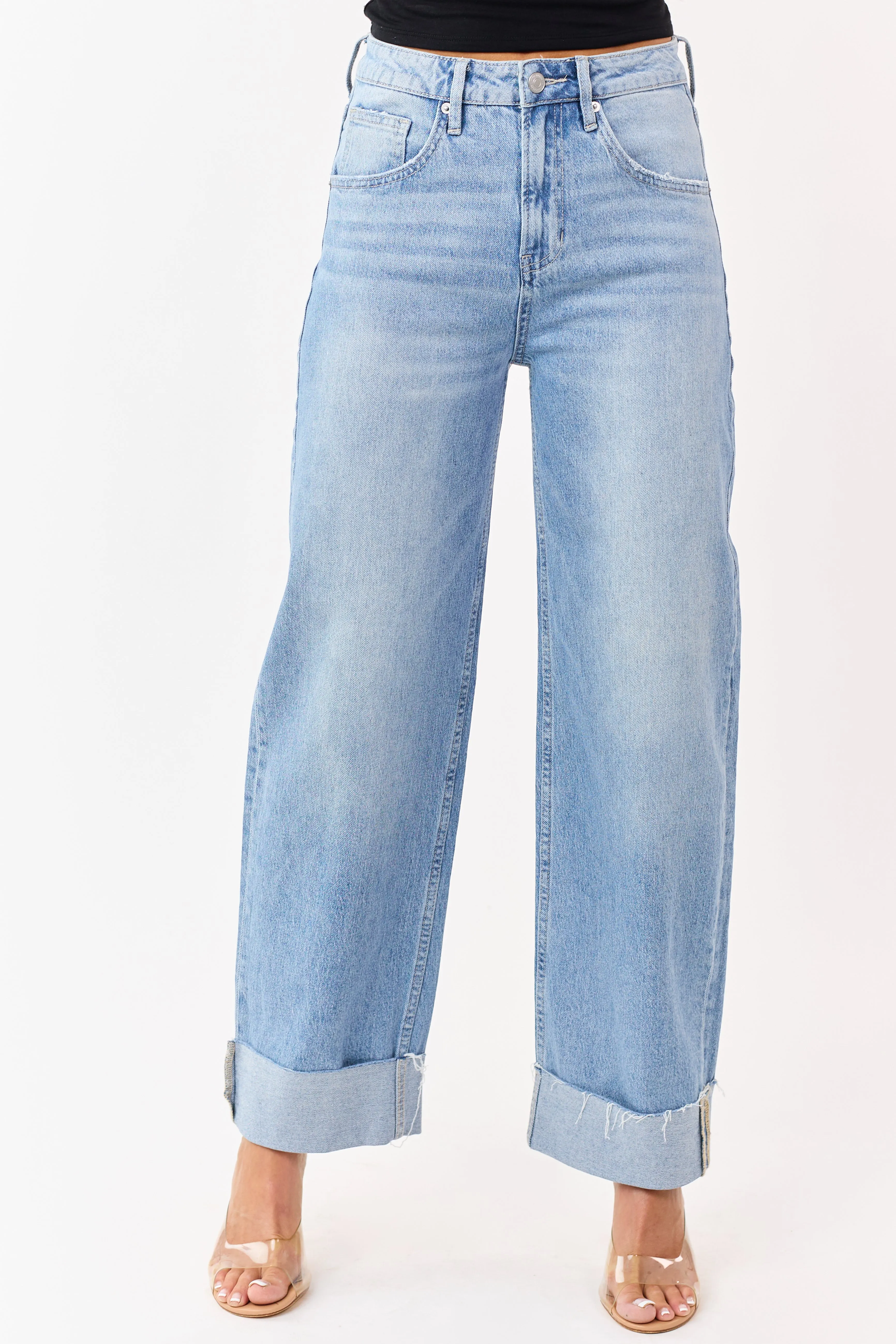 Mica Denim Medium Wash Stretchy Cuffed Barrel Jeans sold by Lime Lush