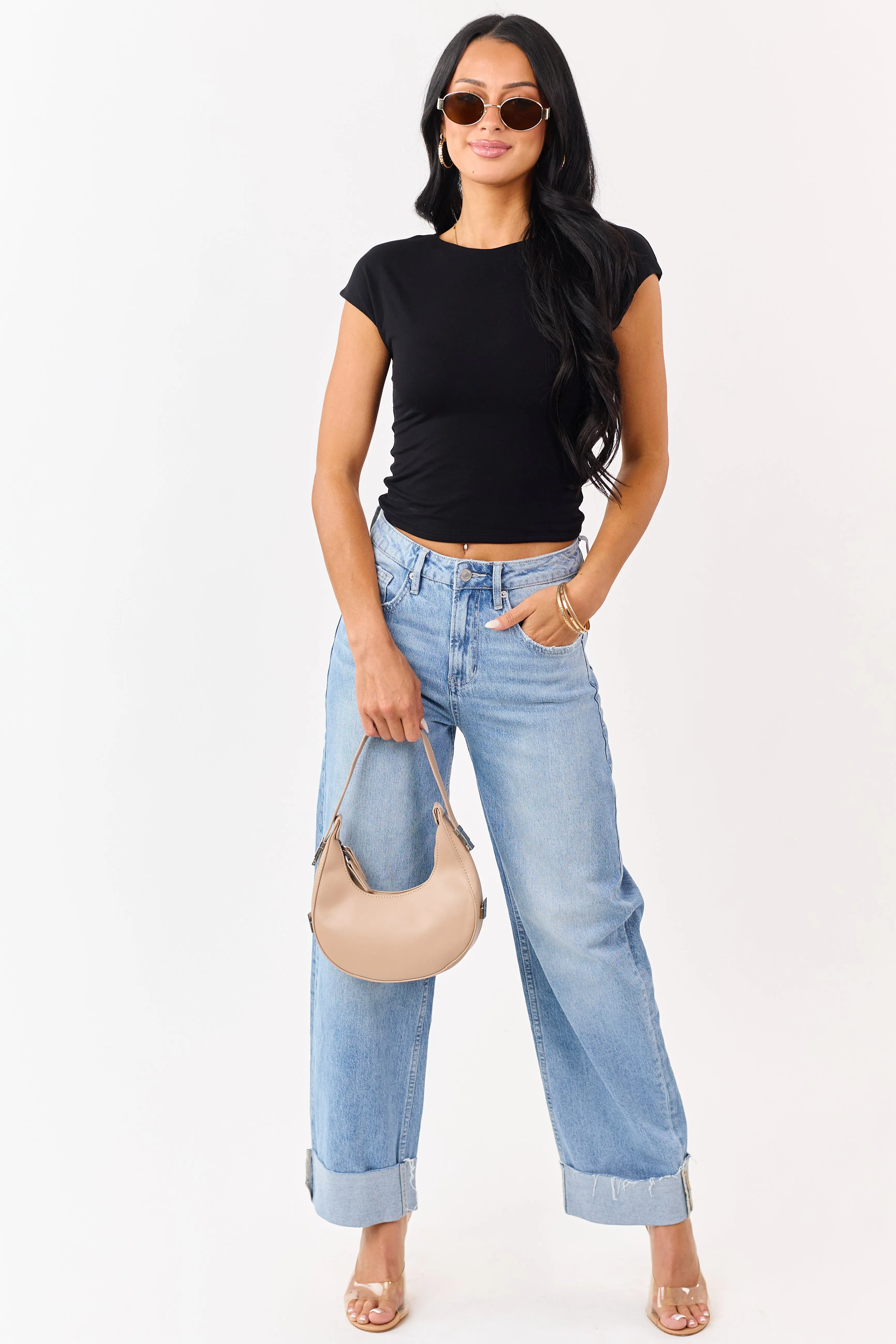 Mica Denim Medium Wash Stretchy Cuffed Barrel Jeans sold by Lime Lush product image thumbnail 5
