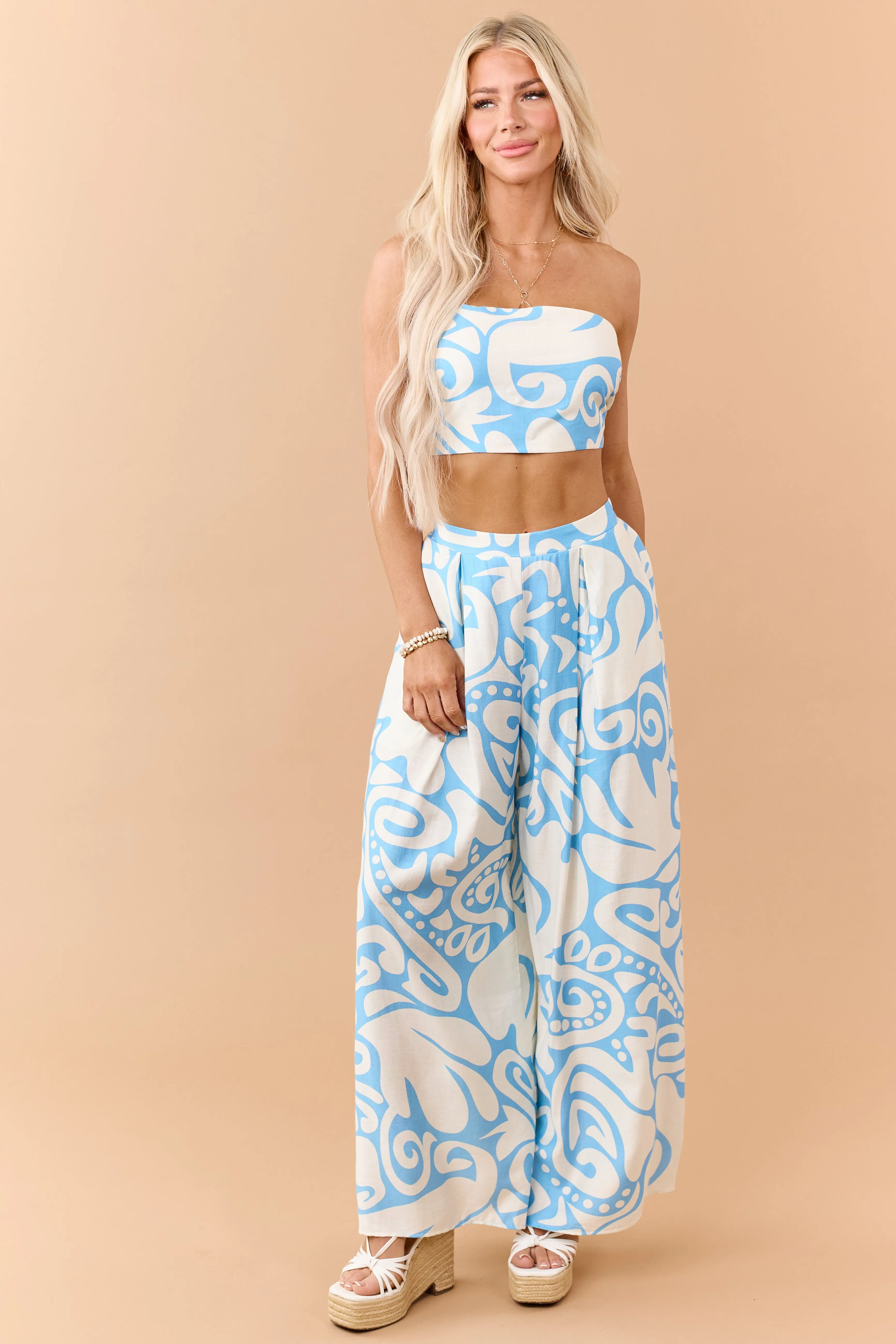 Azure Abstract Strapless Top and Wide Pants Set sold by Lime Lush product image thumbnail 3