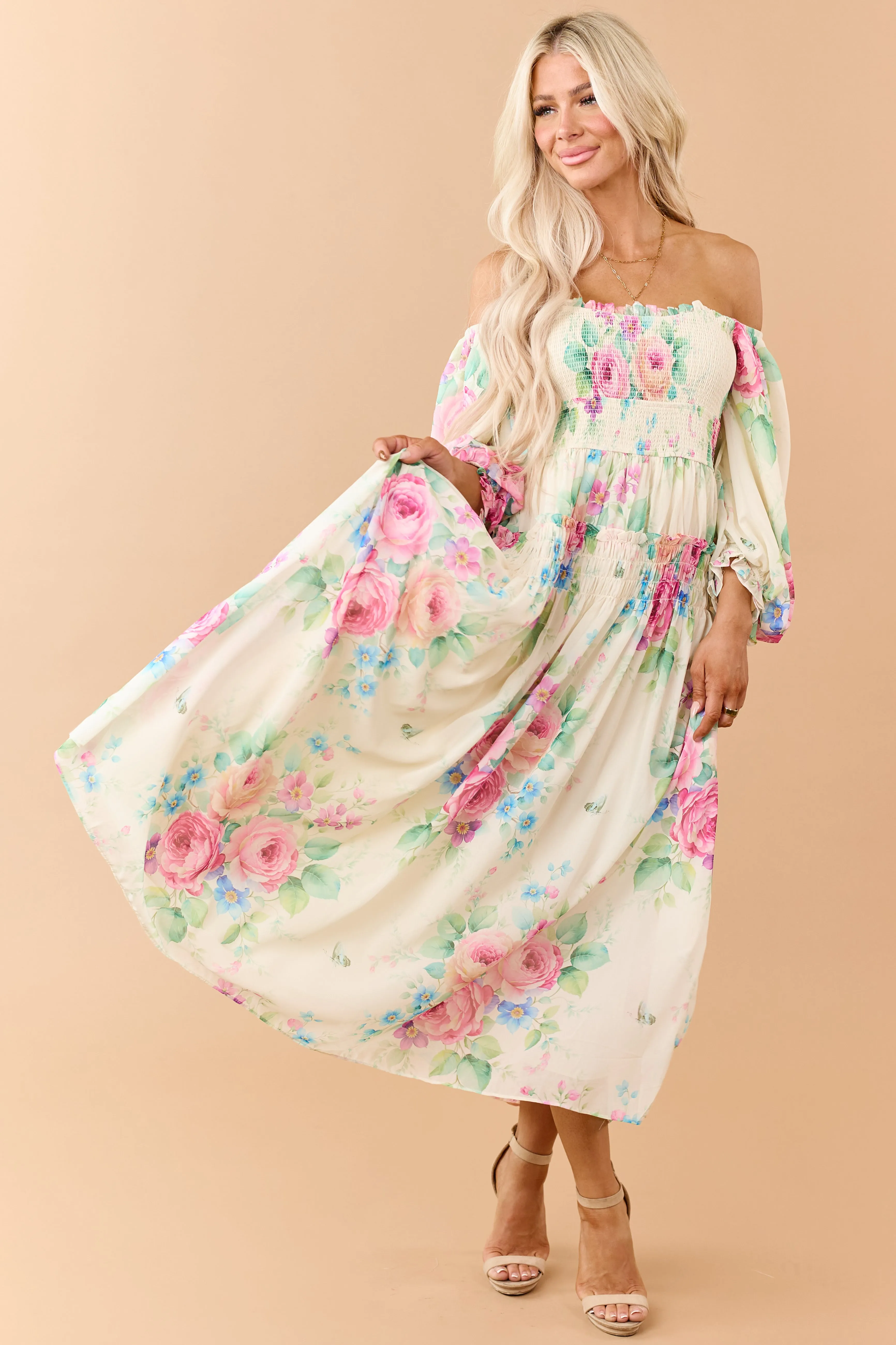 Buttercream Chiffon Floral Print Maxi Dress sold by Lime Lush