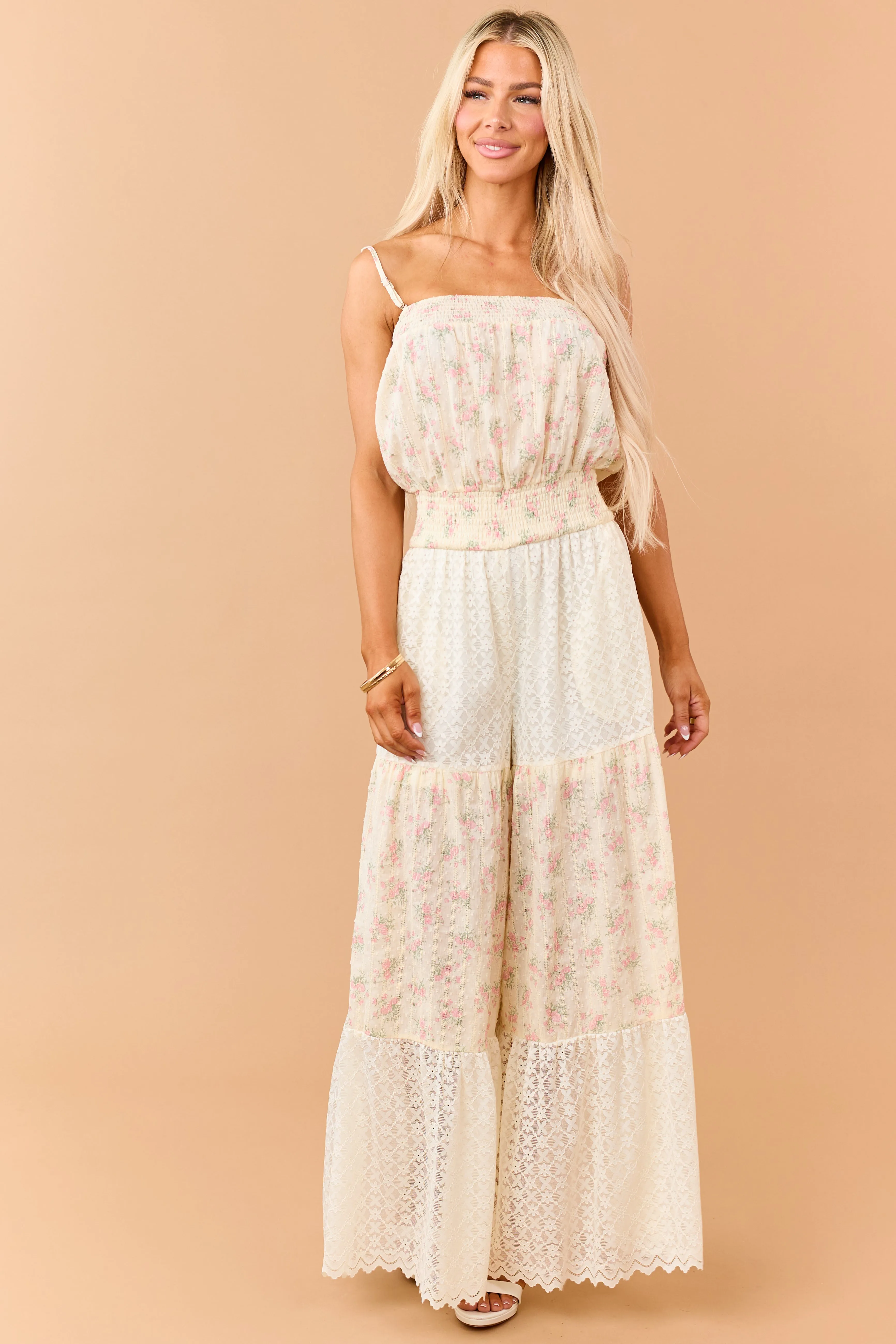 Cream Floral Print Cotton and Lace Panel Jumpsuit sold by Lime Lush product image thumbnail 4