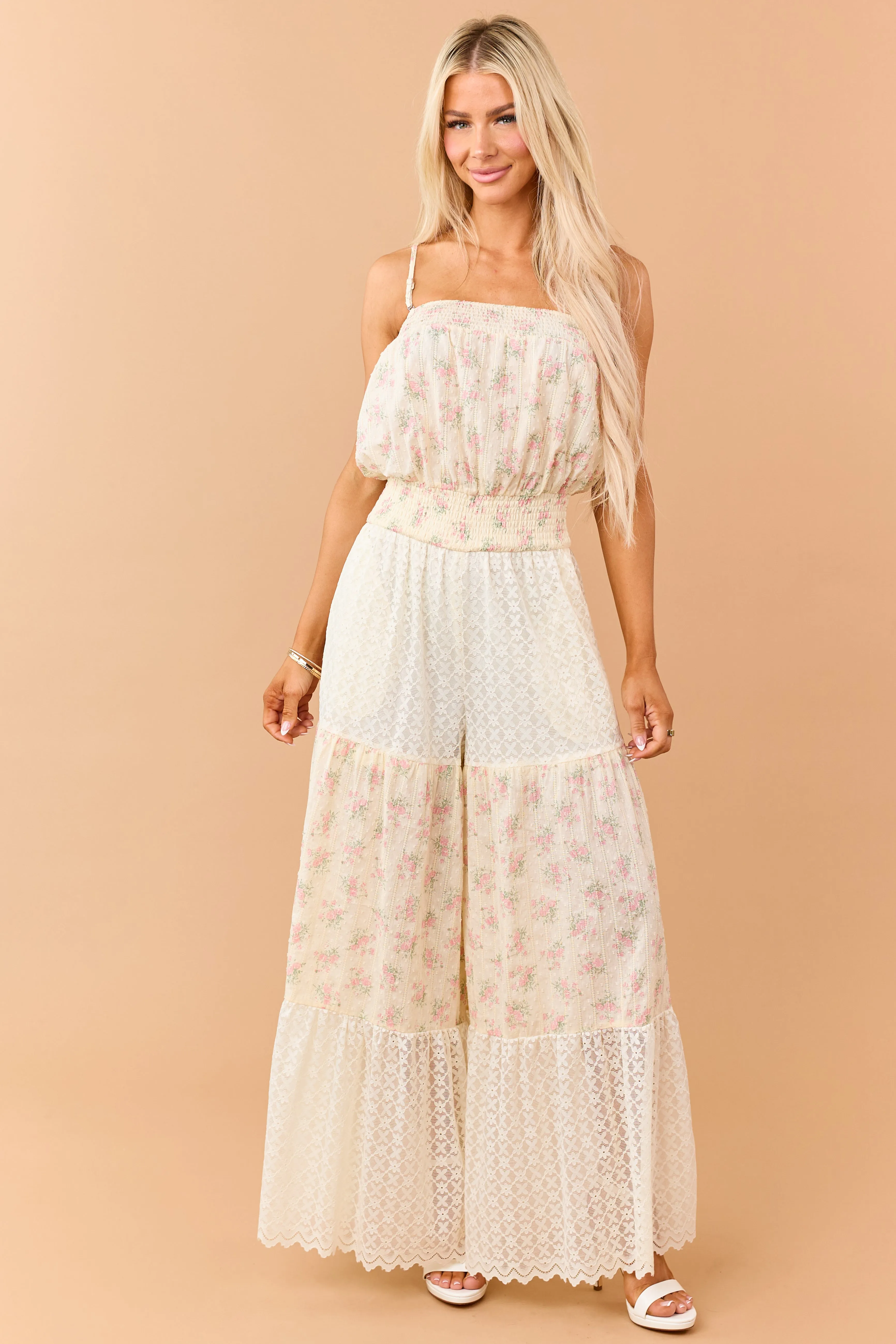 Cream Floral Print Cotton and Lace Panel Jumpsuit sold by Lime Lush product image thumbnail 5
