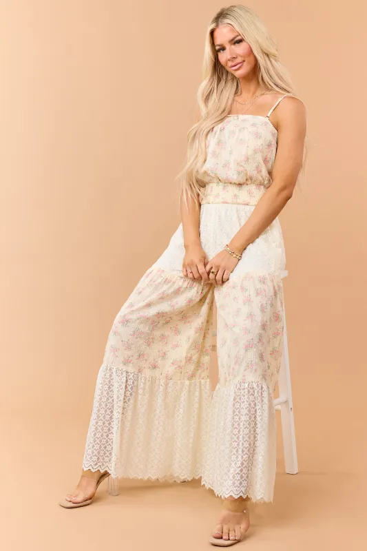Cream Floral Print Cotton and Lace Panel Jumpsuit made by Jnna