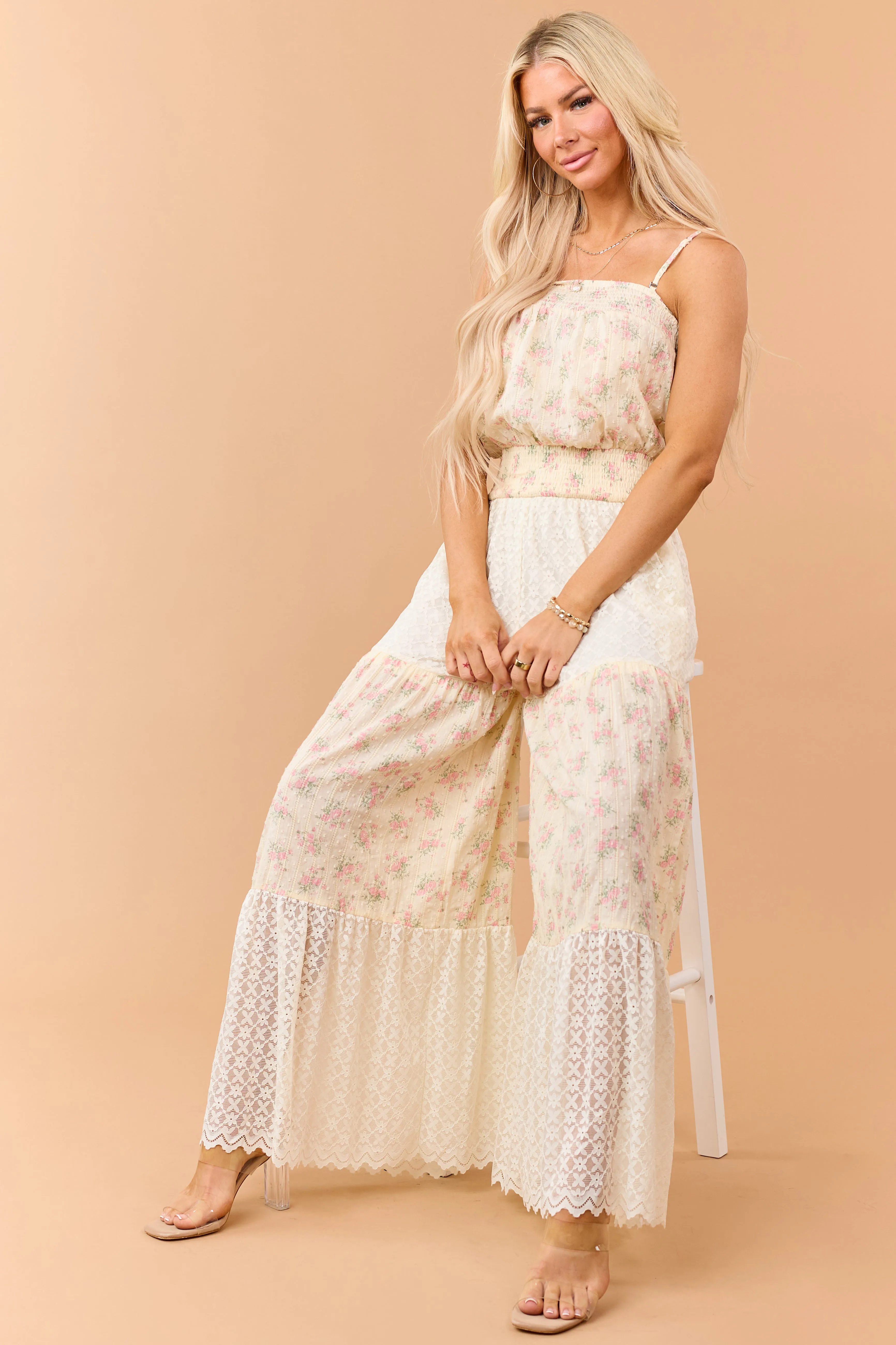 Cream Floral Print Cotton and Lace Panel Jumpsuit sold by Lime Lush