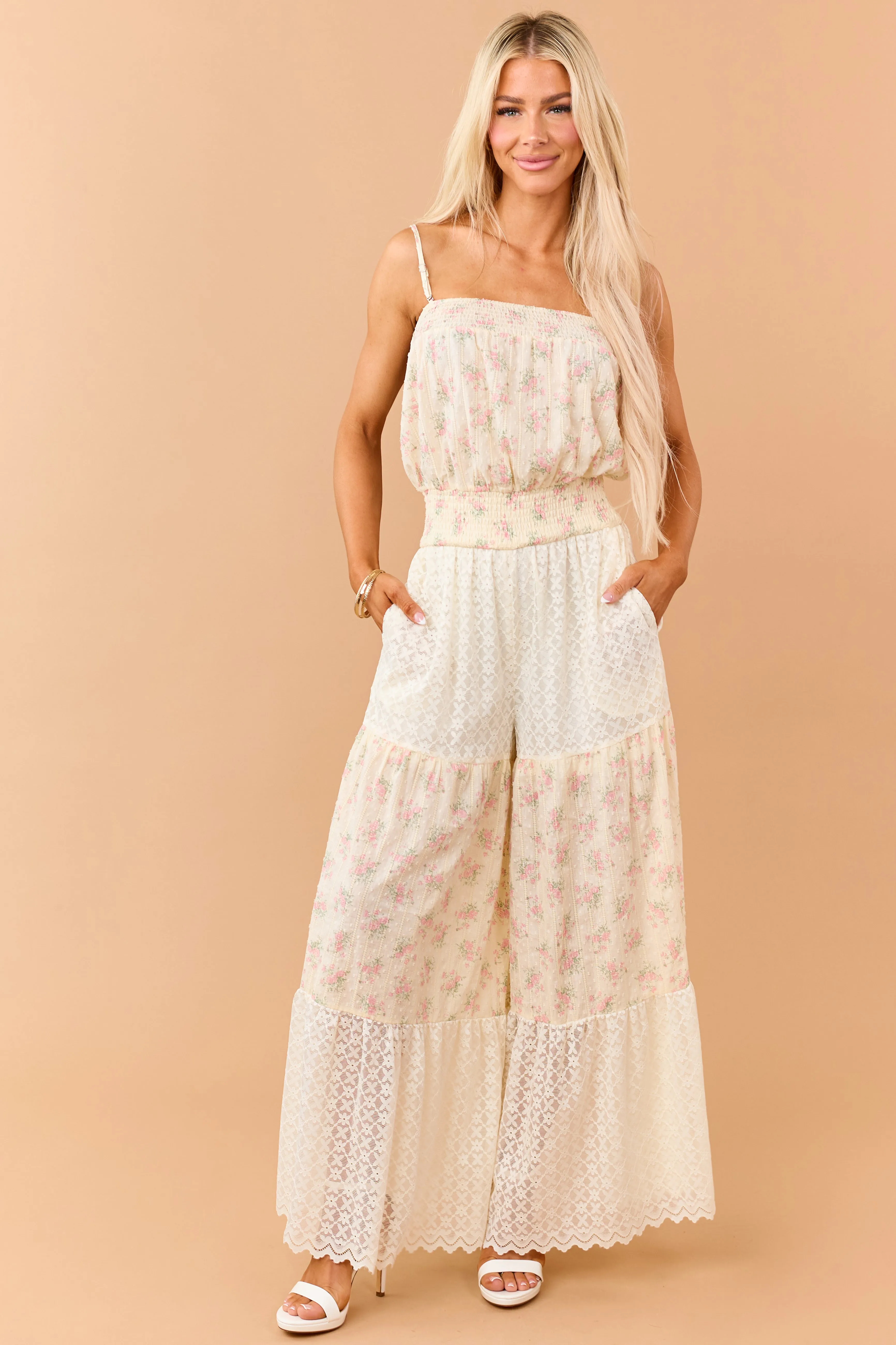 Cream Floral Print Cotton and Lace Panel Jumpsuit sold by Lime Lush product image thumbnail 3