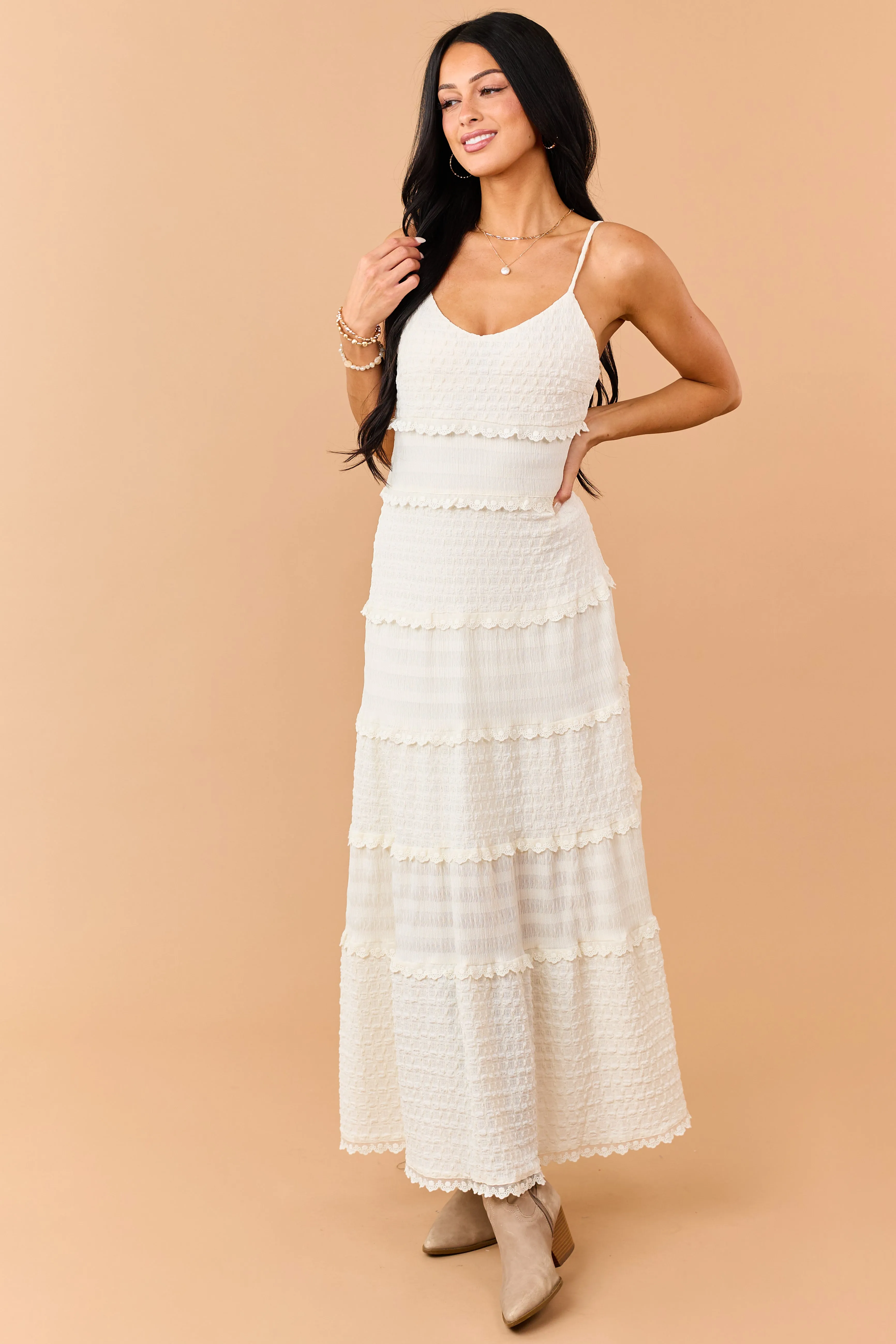 Cream Textured Tiered Lace Maxi Dress sold by Lime Lush product image thumbnail 3