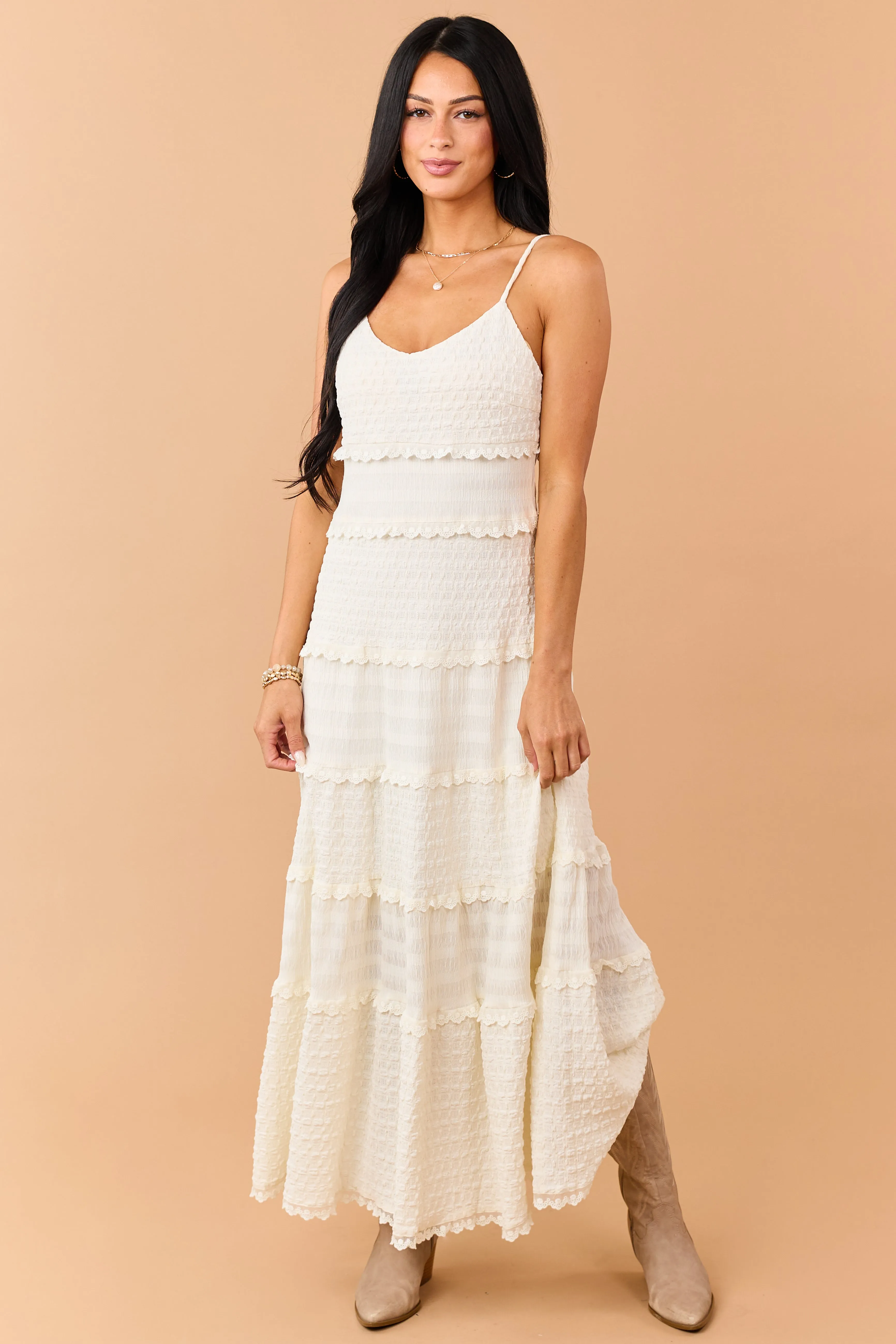 Cream Textured Tiered Lace Maxi Dress sold by Lime Lush product image thumbnail 4