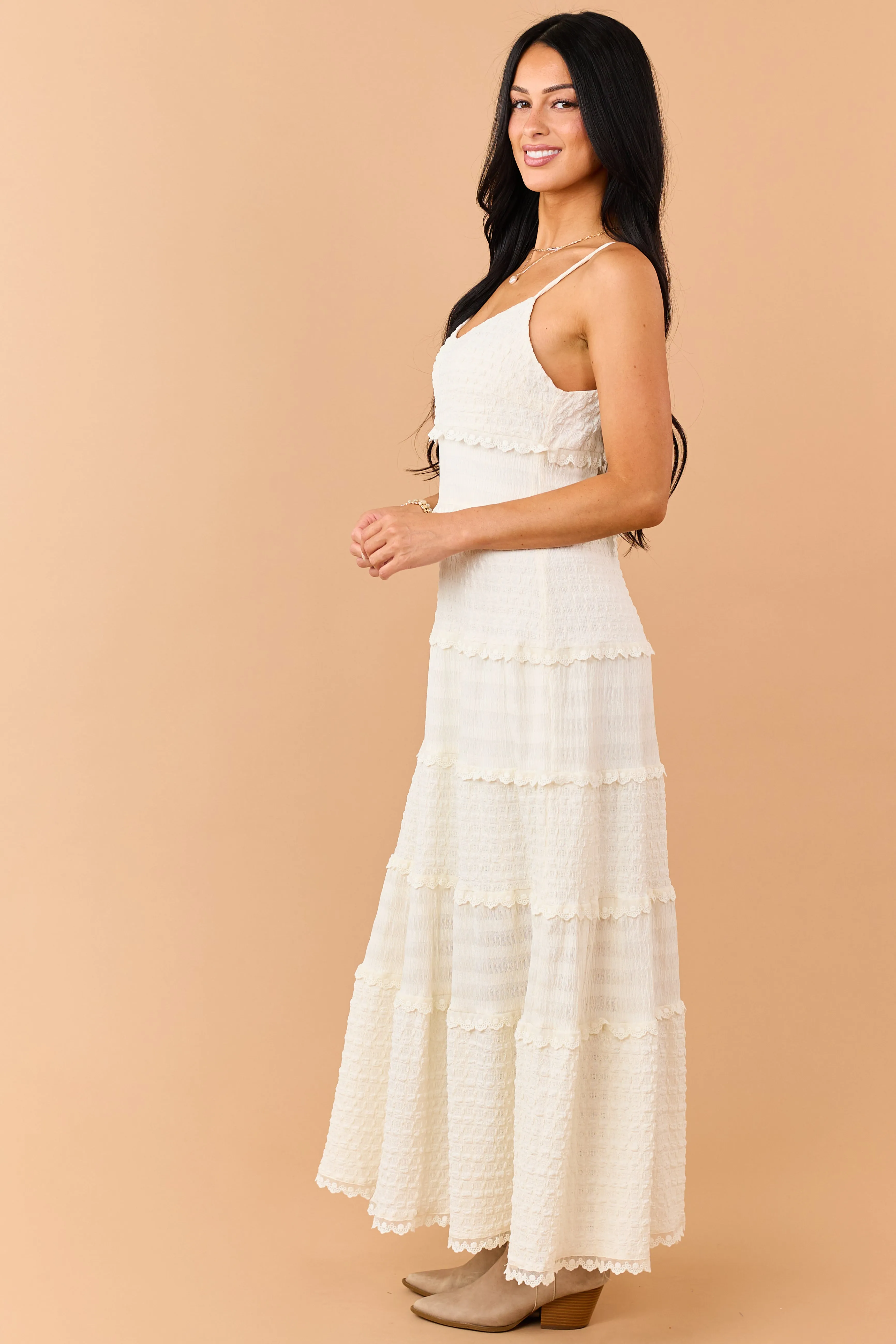 Cream Textured Tiered Lace Maxi Dress sold by Lime Lush product image thumbnail 5