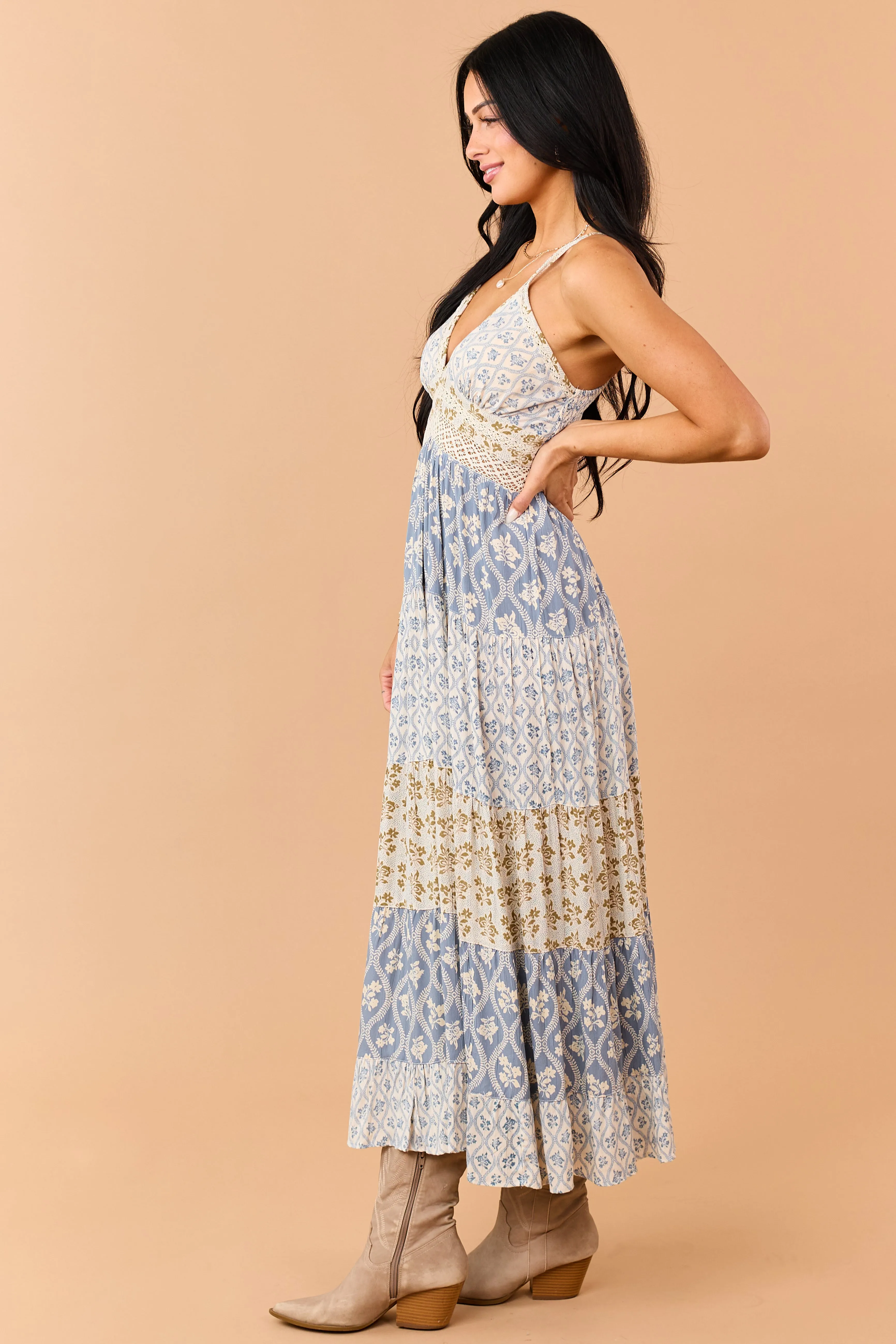 Dusty Blue Tiered Floral Print Lace Waist Maxi Dress sold by Lime Lush product image thumbnail 5