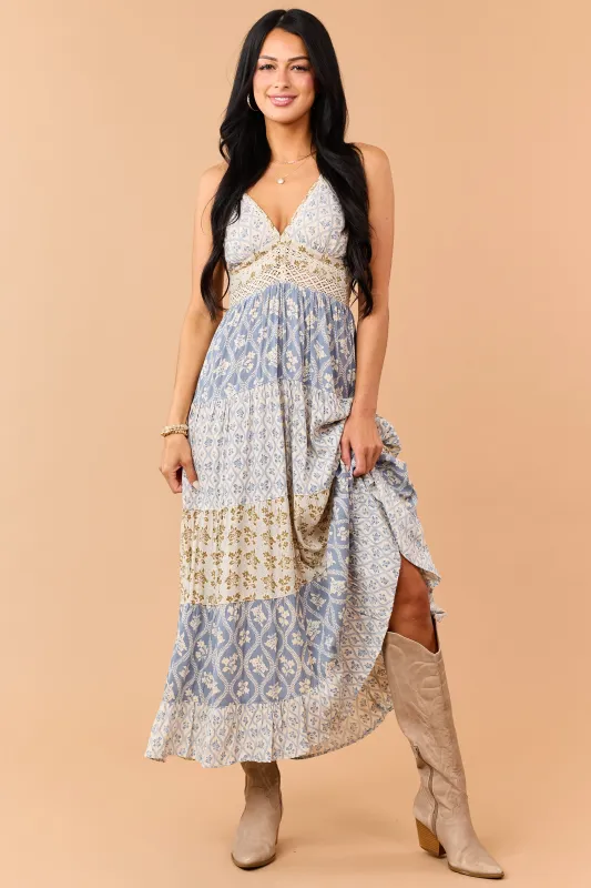 Dusty Blue Tiered Floral Print Lace Waist Maxi Dress made by Angie