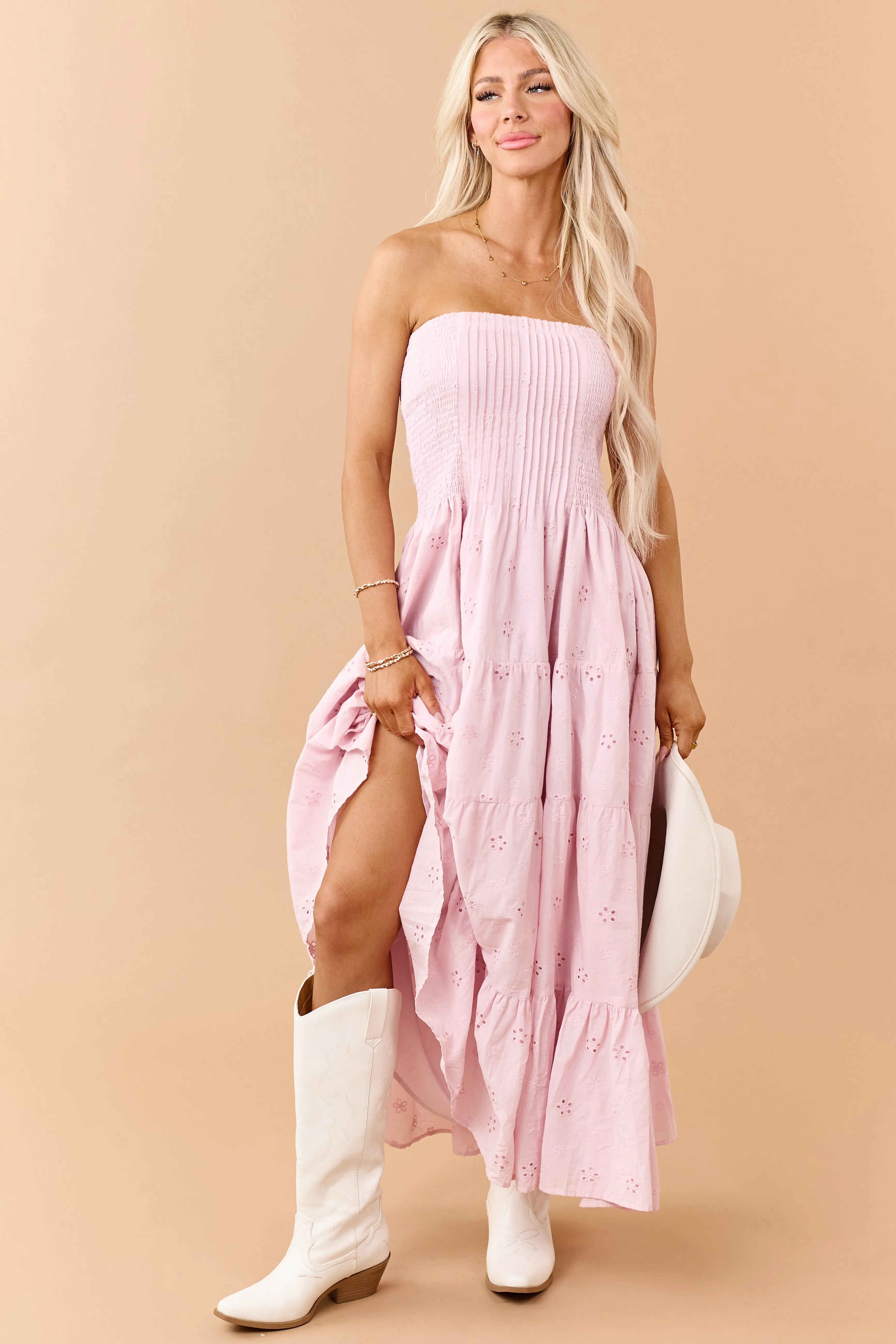 Dusty Blush Eyelet Cotton Pintuck Bodice Midi Dress sold by Lime Lush product image thumbnail 3