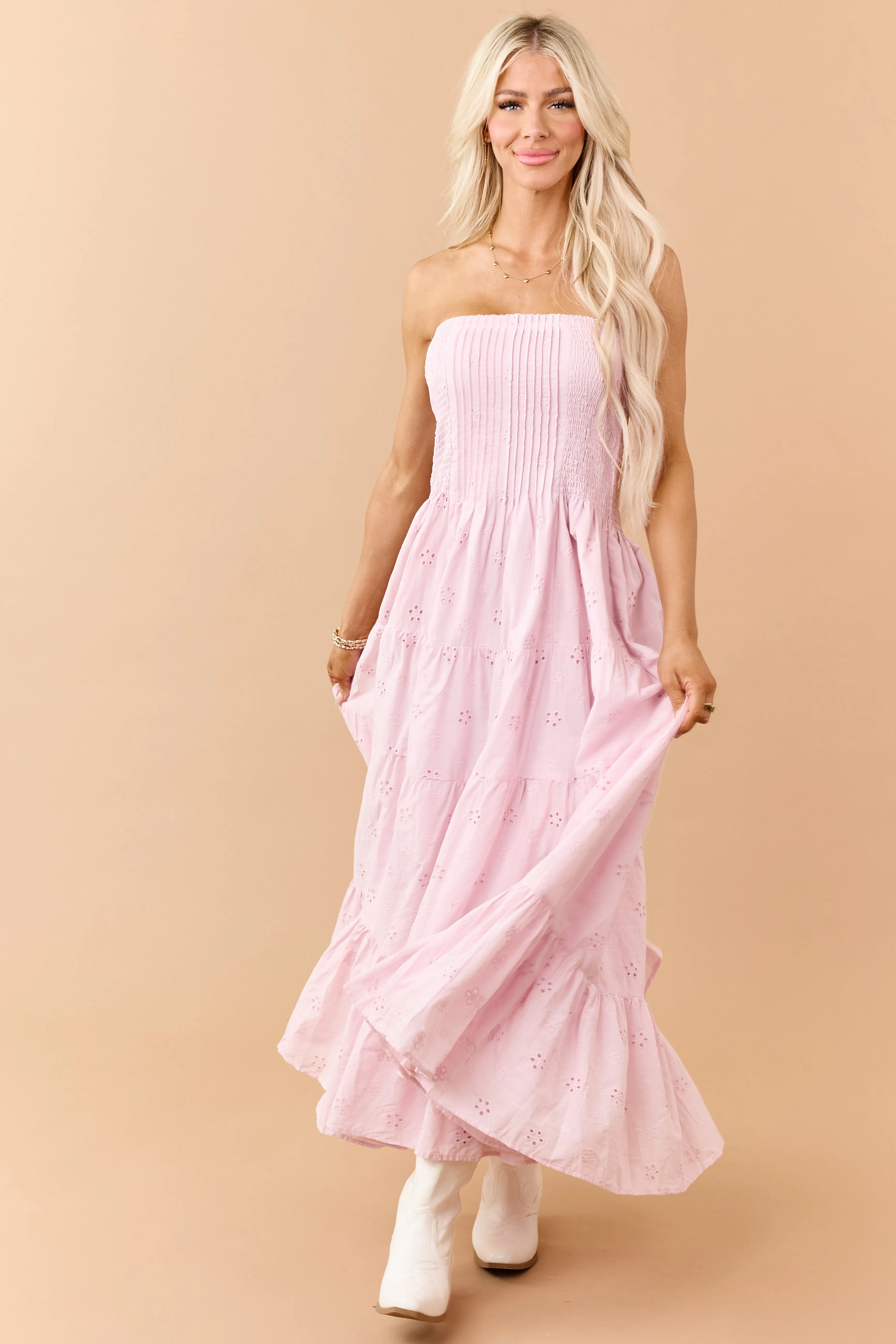 Dusty Blush Eyelet Cotton Pintuck Bodice Midi Dress sold by Lime Lush product image thumbnail 2