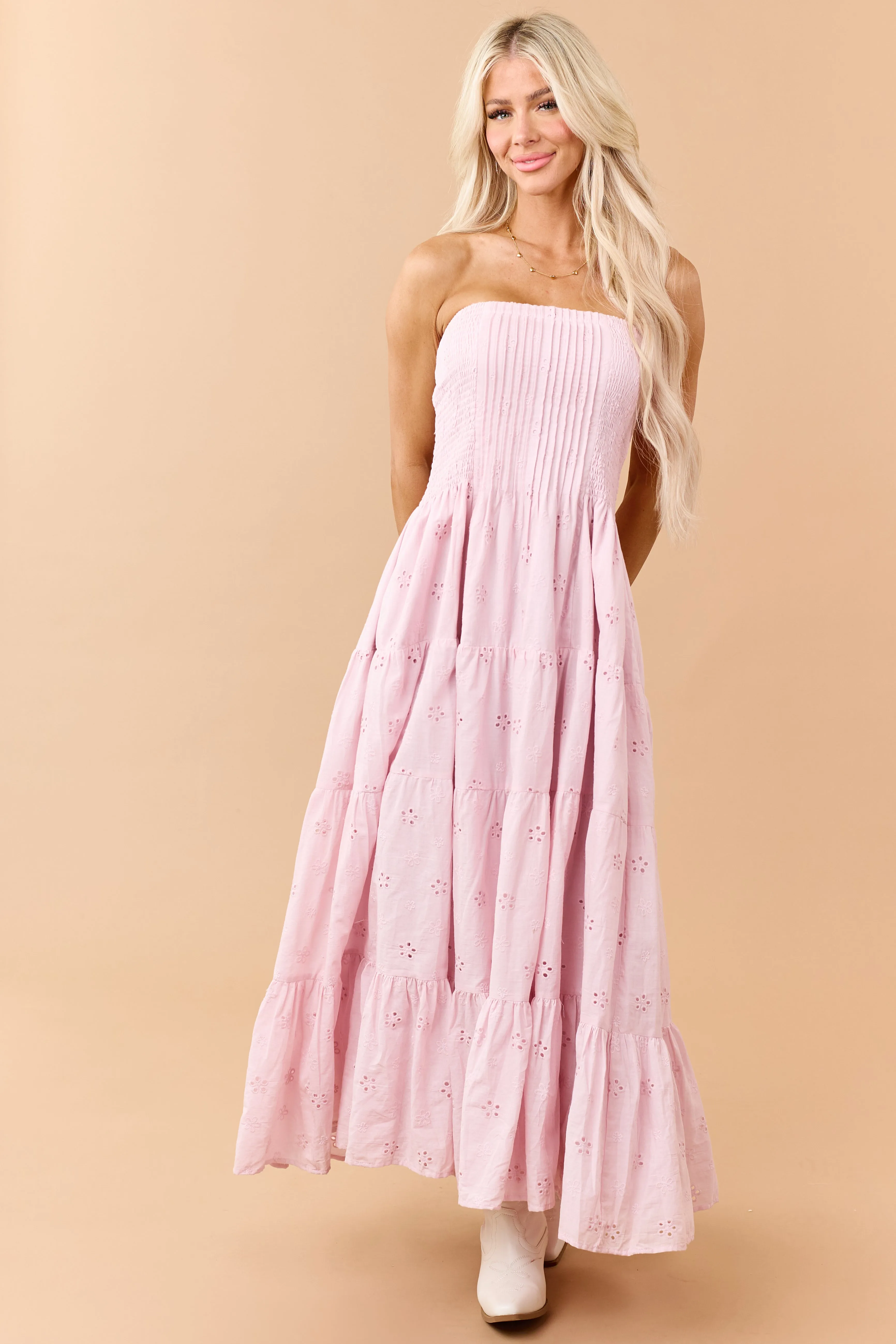 Dusty Blush Eyelet Cotton Pintuck Bodice Midi Dress sold by Lime Lush