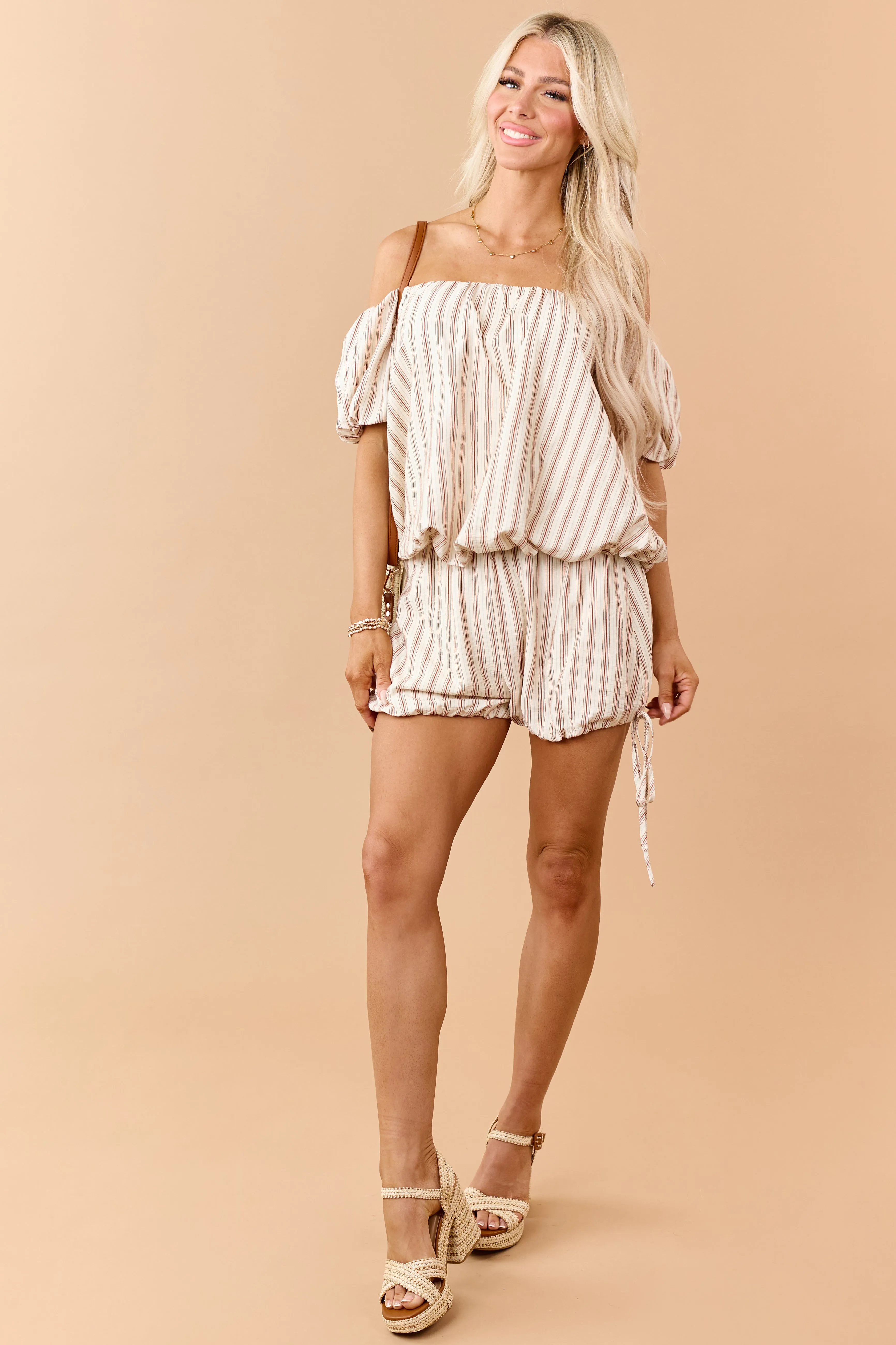 Cream Striped Elastic Waist Tie Bubble Hem Shorts sold by Lime Lush product image thumbnail 5