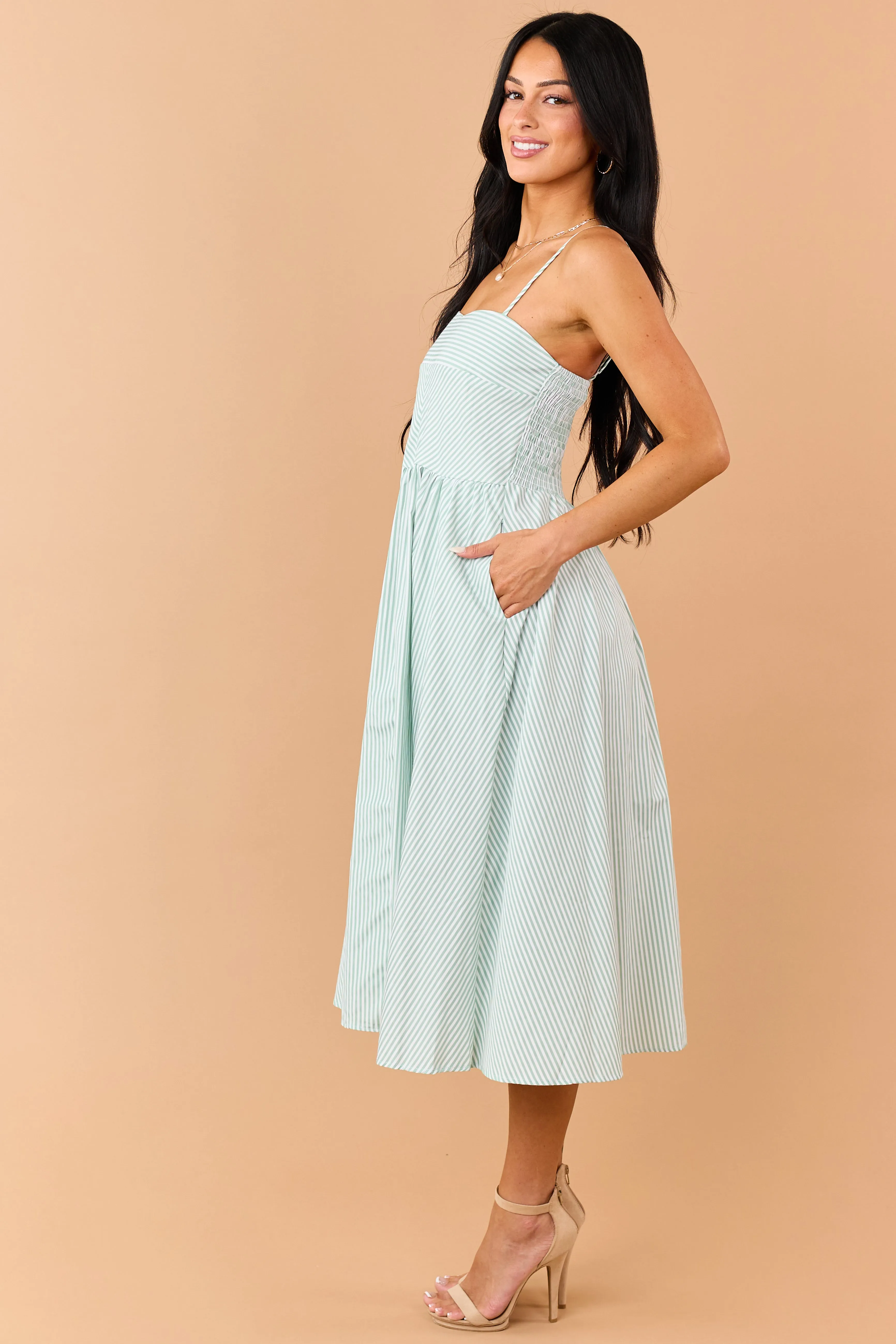 Sage Striped Smocked Back Sleeveless Midi Dress sold by Lime Lush product image thumbnail 4