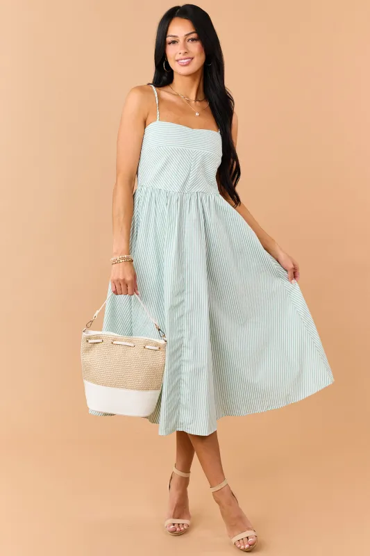 Sage Striped Smocked Back Sleeveless Midi Dress made by HYFVE