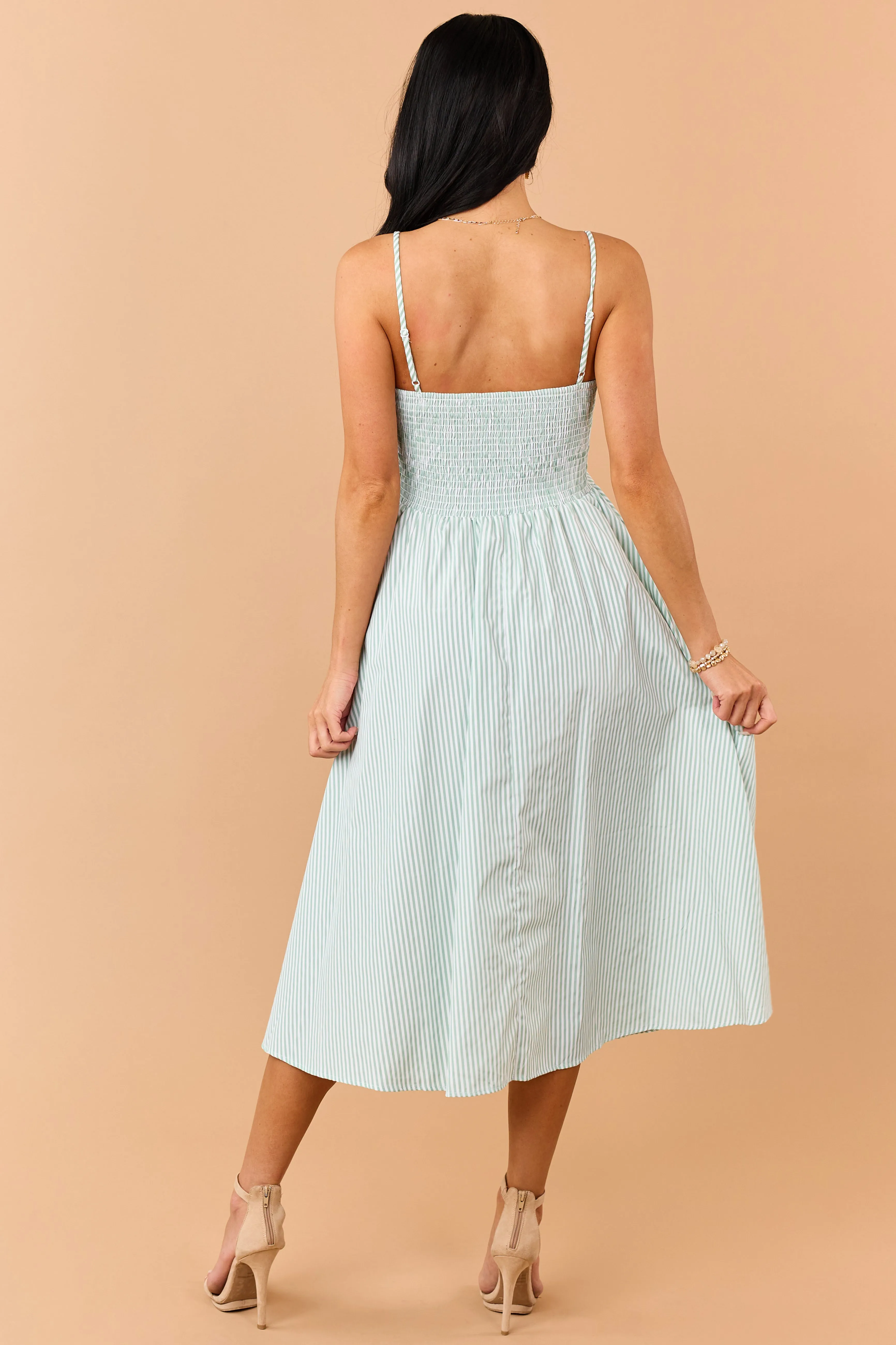 Sage Striped Smocked Back Sleeveless Midi Dress sold by Lime Lush product image thumbnail 5