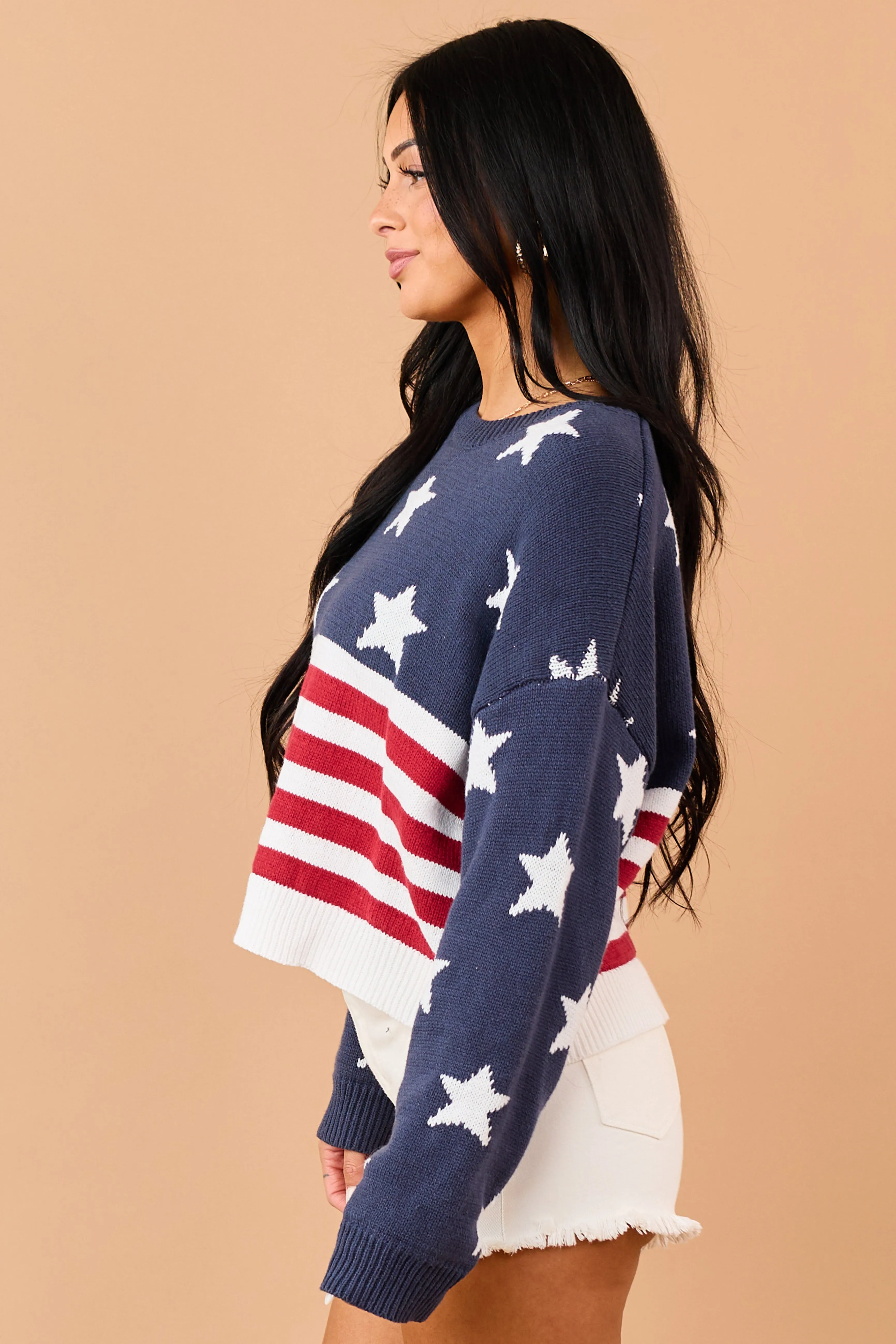 Navy Rib Knit American Flag Long Sleeve Sweater sold by Lime Lush product image thumbnail 5