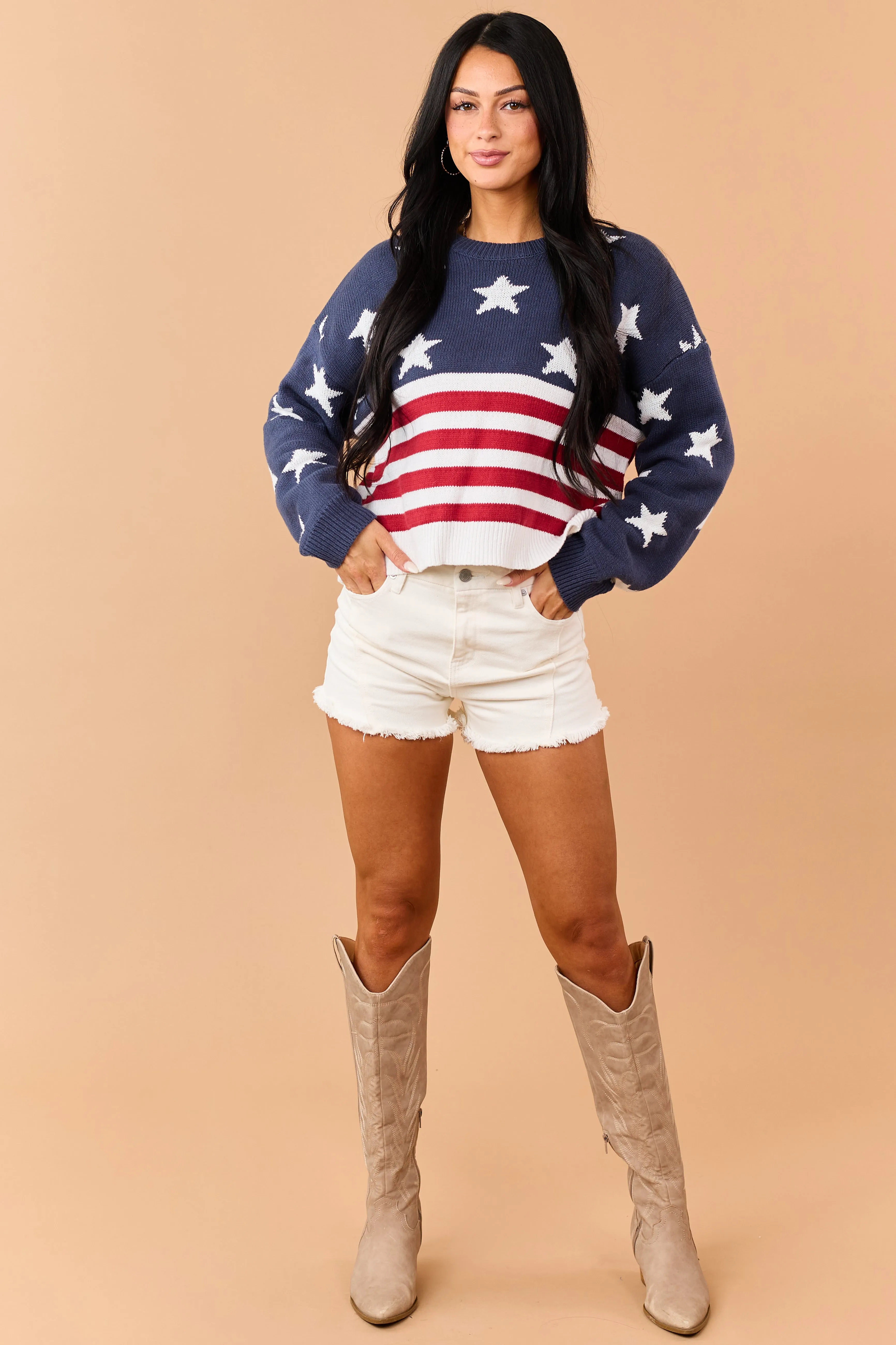 Navy Rib Knit American Flag Long Sleeve Sweater sold by Lime Lush product image thumbnail 2