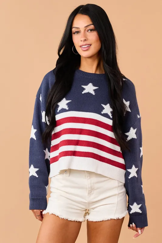 Navy Rib Knit American Flag Long Sleeve Sweater made by Le Lis