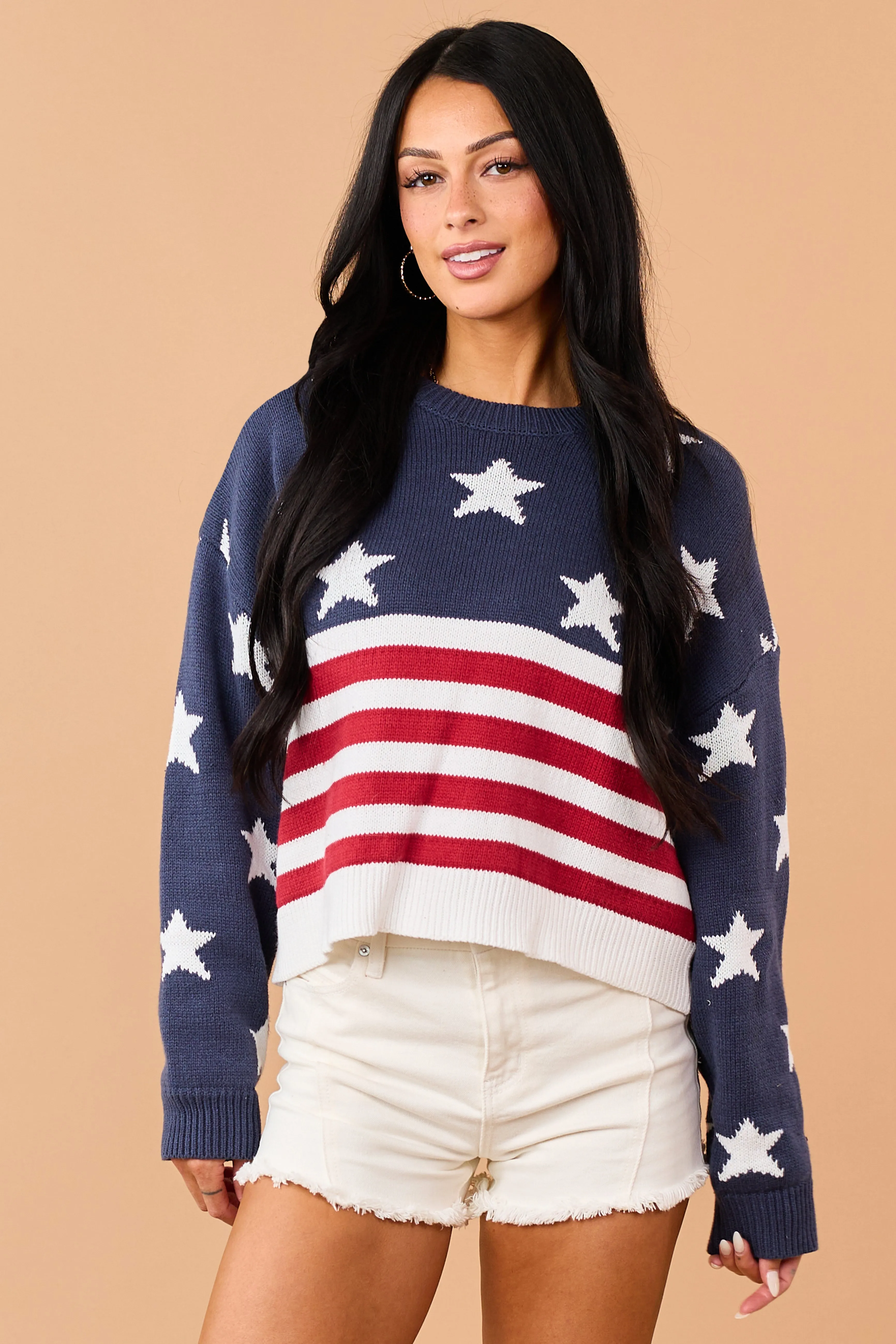 Navy Rib Knit American Flag Long Sleeve Sweater sold by Lime Lush