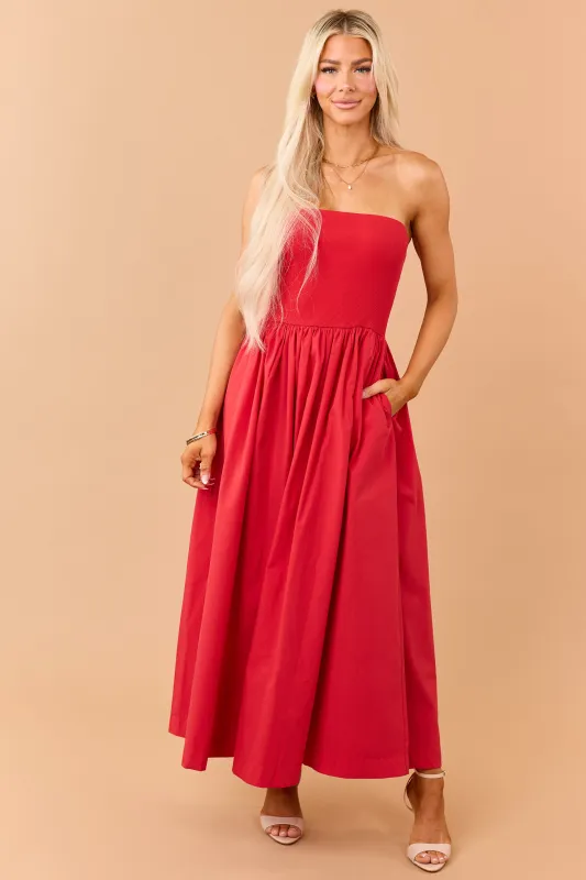Lipstick Strapless Knit Contrast Cotton Maxi Dress made by HYFVE