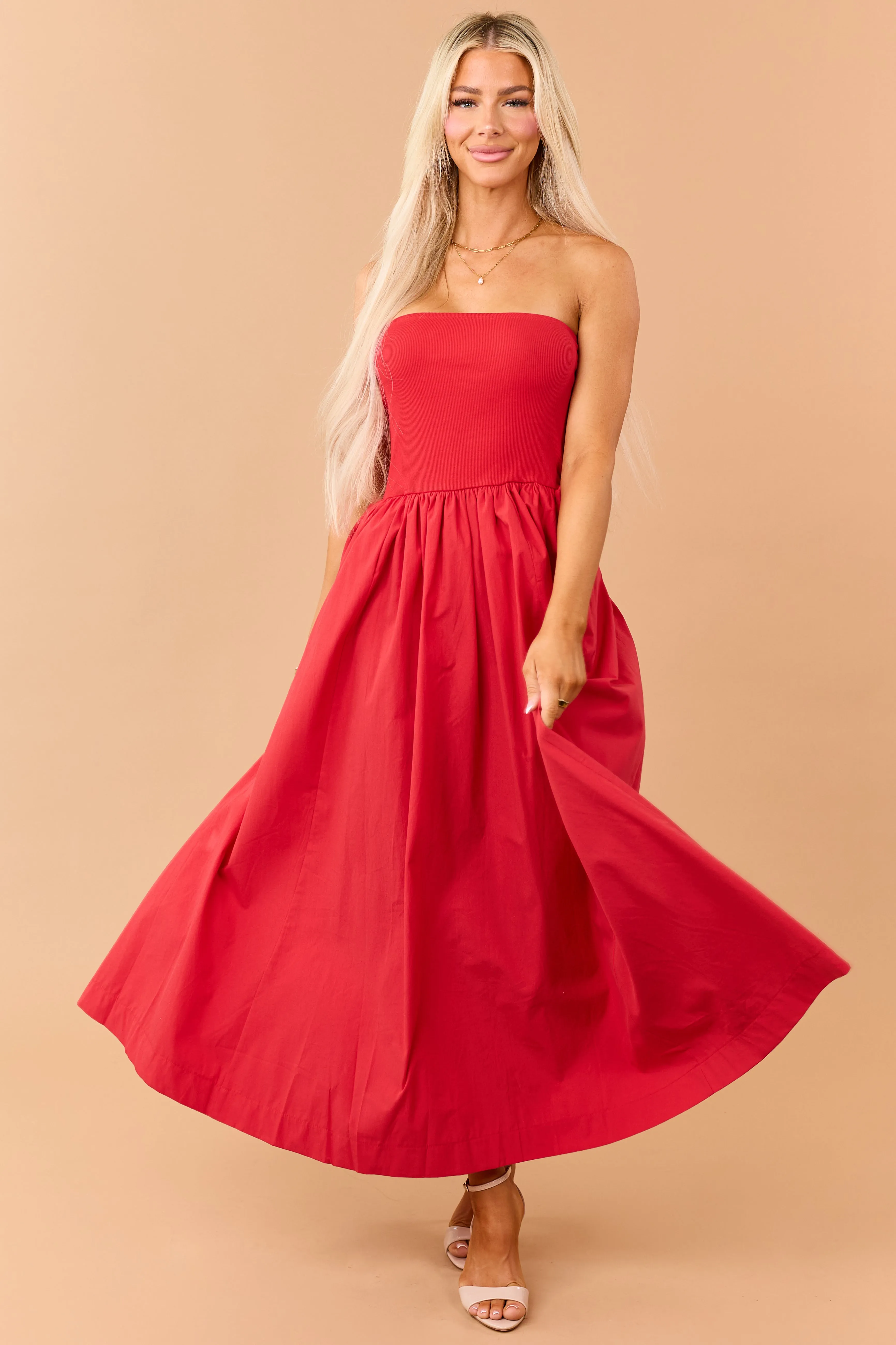 Lipstick Strapless Knit Contrast Cotton Maxi Dress sold by Lime Lush product image thumbnail 3
