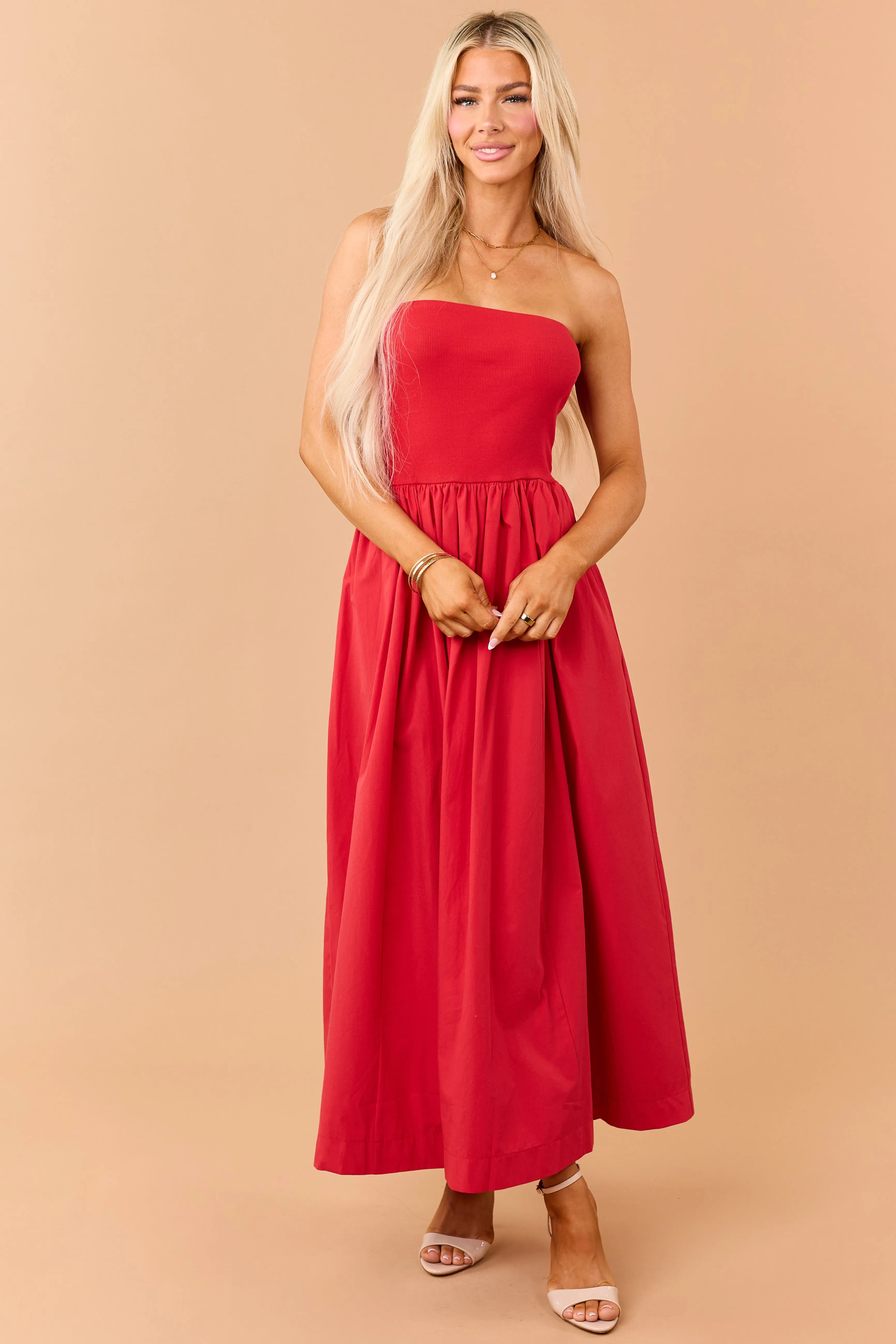 Lipstick Strapless Knit Contrast Cotton Maxi Dress sold by Lime Lush product image thumbnail 2