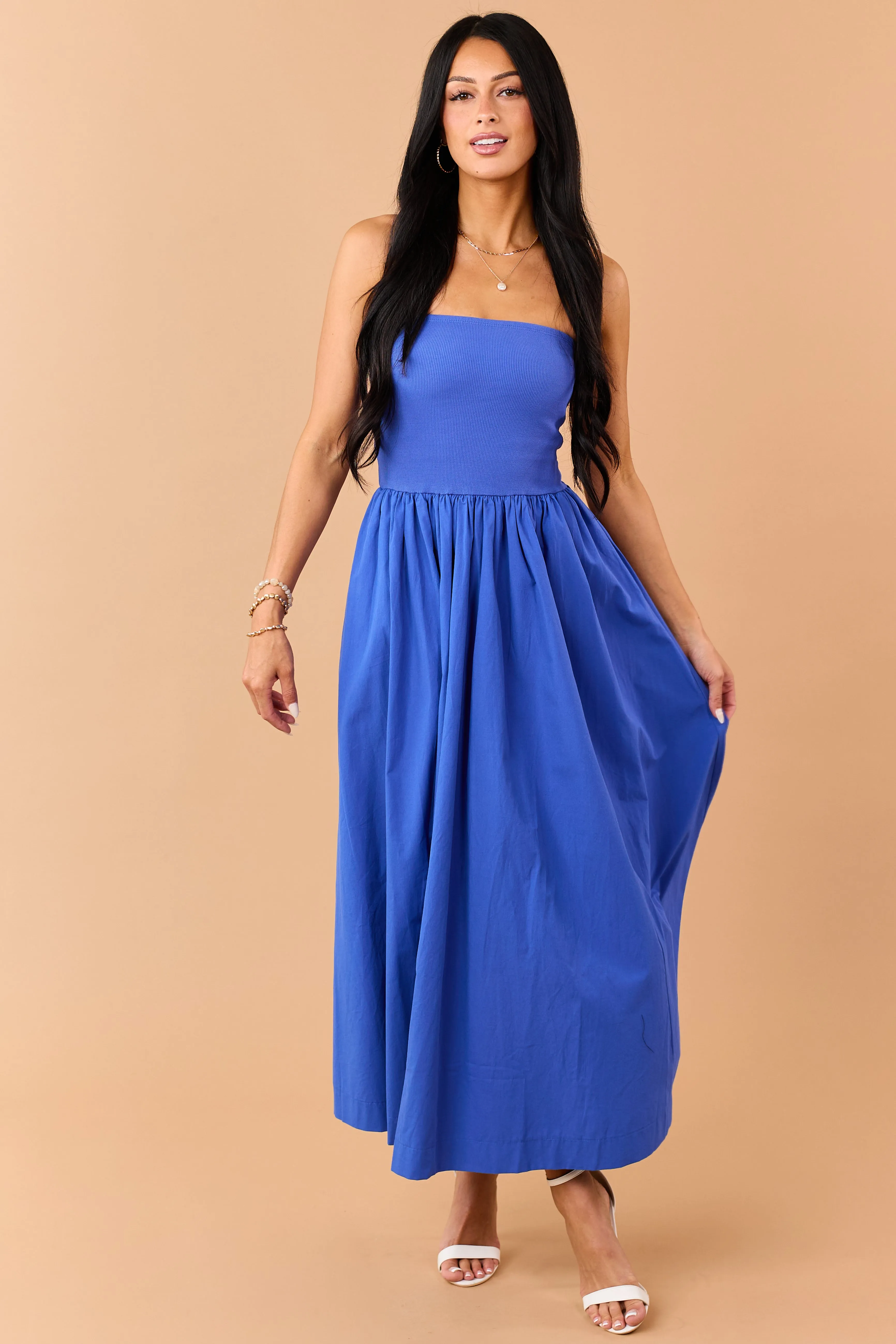 Cobalt Strapless Knit Contrast Cotton Maxi Dress sold by Lime Lush product image thumbnail 3