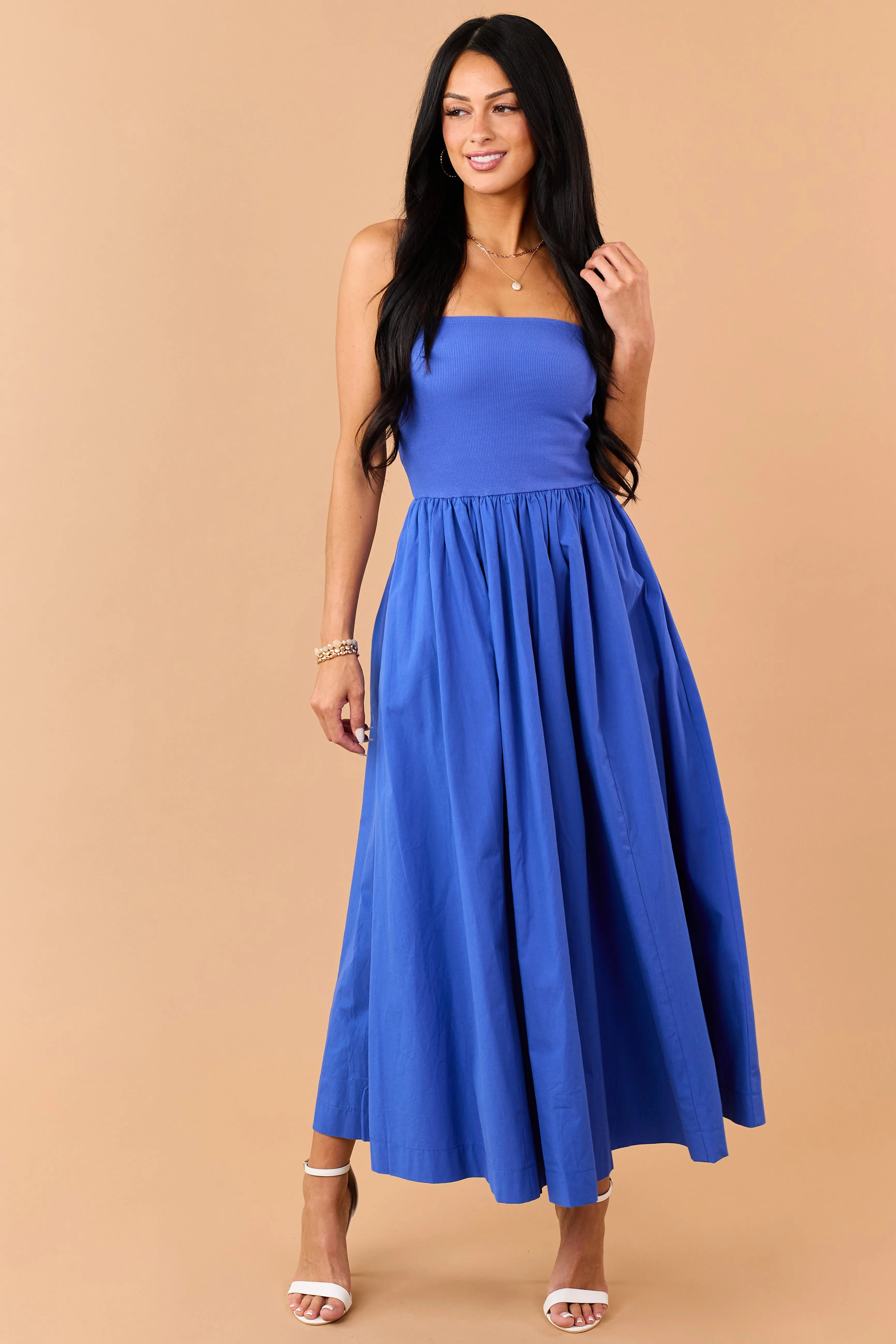 Cobalt Strapless Knit Contrast Cotton Maxi Dress sold by Lime Lush