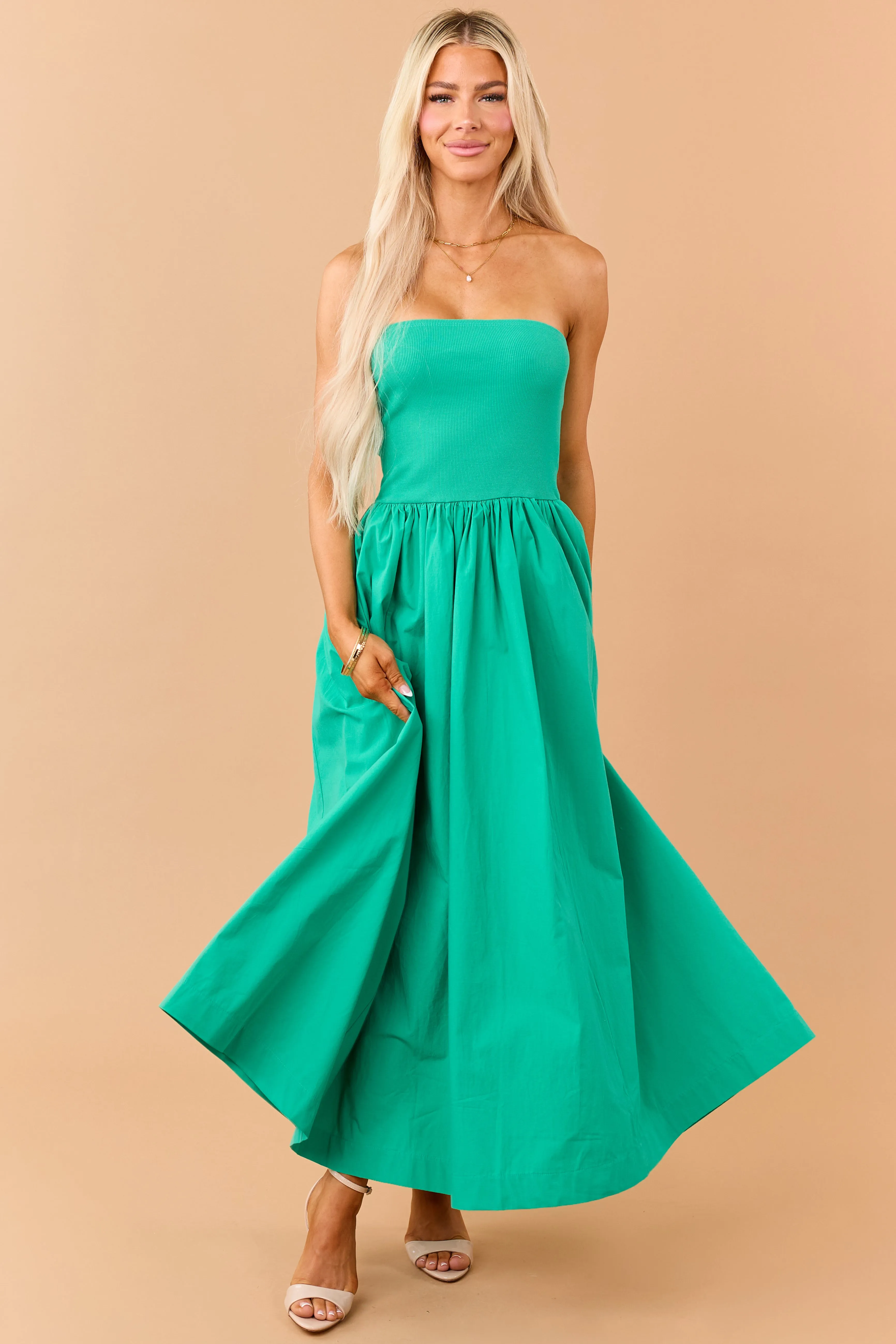 Kelly Green Strapless Knit Contrast Cotton Maxi Dress sold by Lime Lush product image thumbnail 2