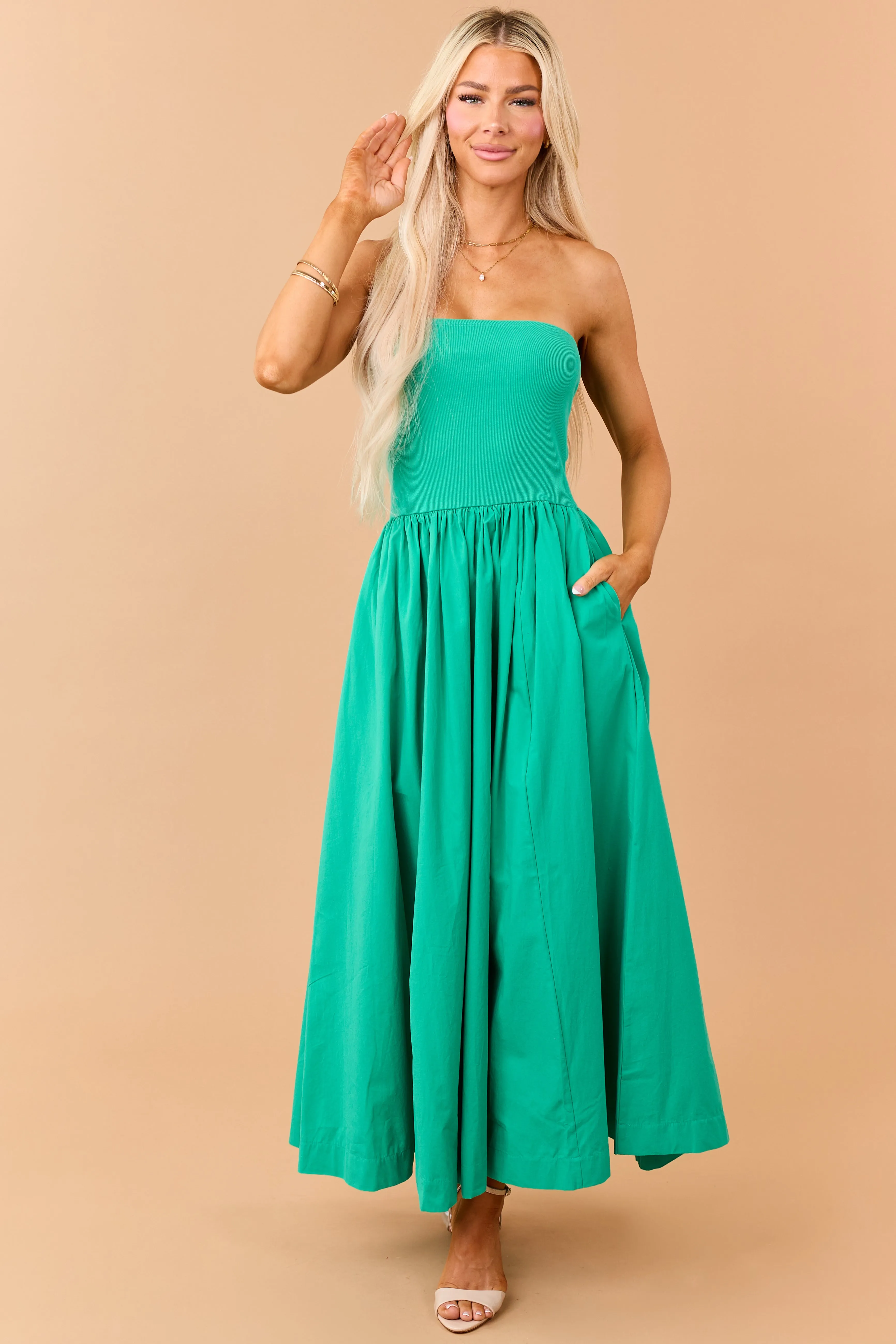 Kelly Green Strapless Knit Contrast Cotton Maxi Dress sold by Lime Lush