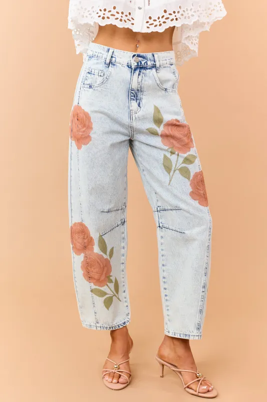 Light Acid Wash Rose Print Crop Barrel Jeans made by Mystree
