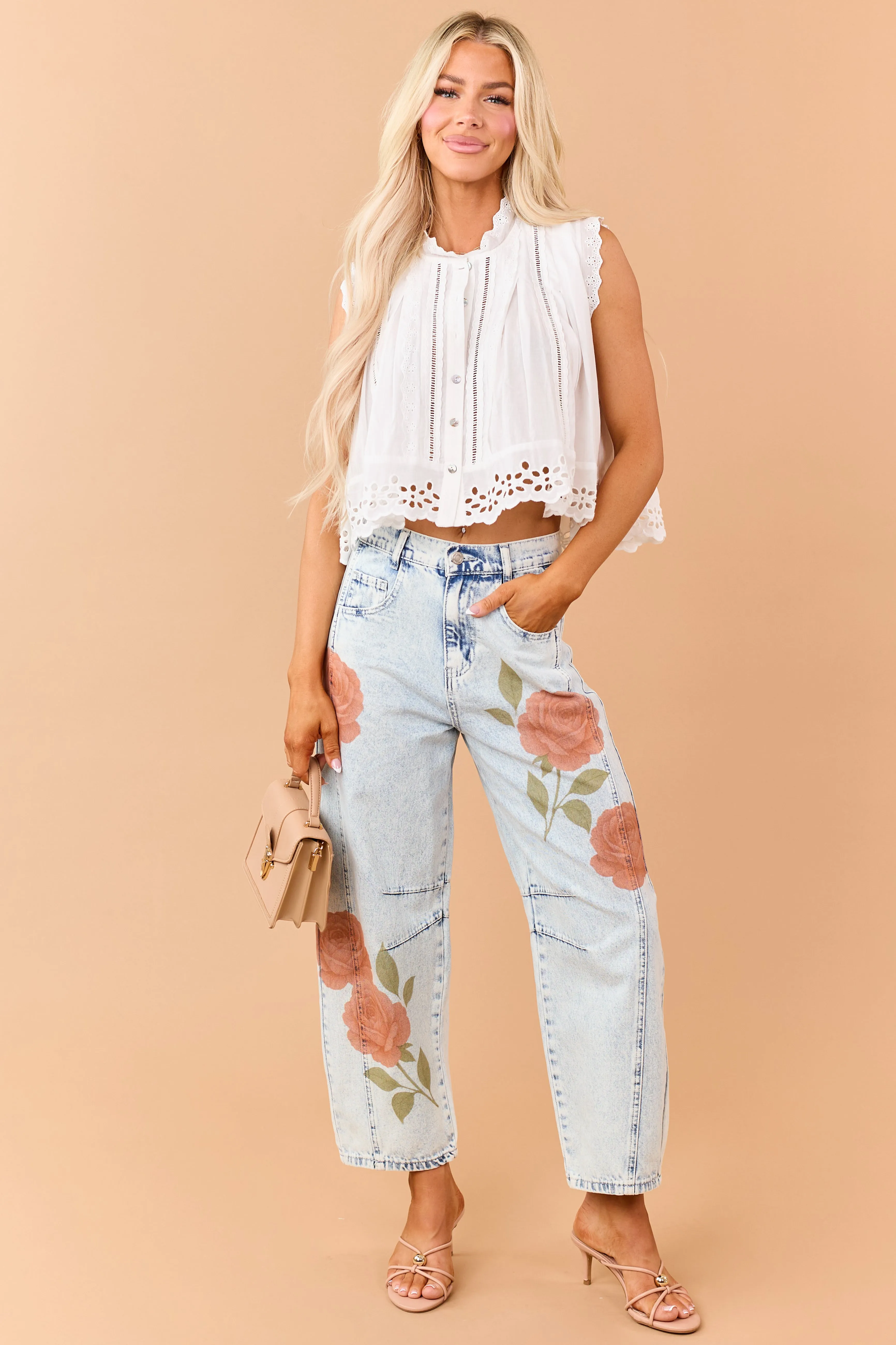 Light Acid Wash Rose Print Crop Barrel Jeans sold by Lime Lush product image thumbnail 2