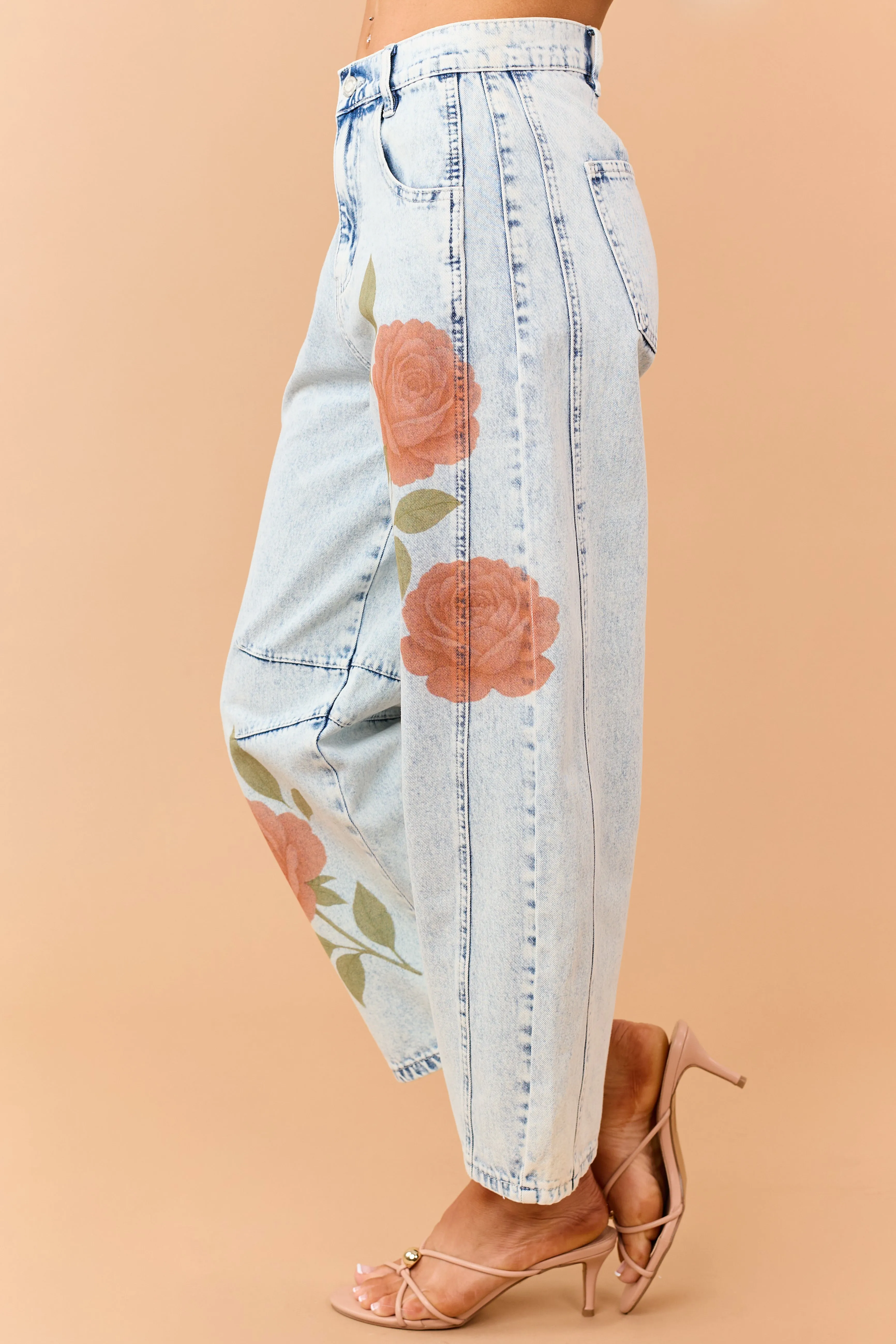 Light Acid Wash Rose Print Crop Barrel Jeans sold by Lime Lush product image thumbnail 3