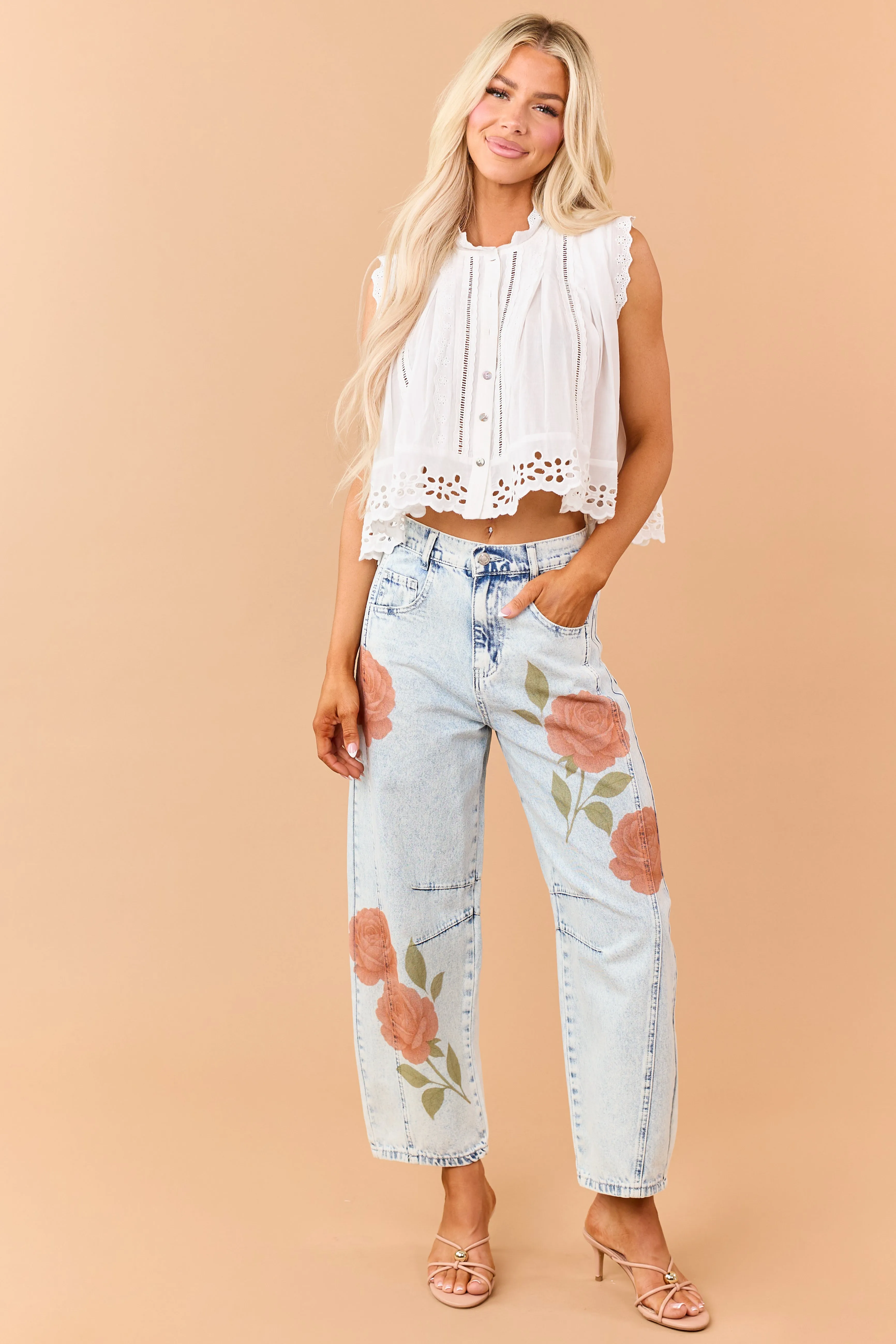Light Acid Wash Rose Print Crop Barrel Jeans sold by Lime Lush product image thumbnail 5
