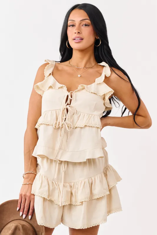 Sand Front Tie Ruffle Lace Trim Tank Top made by Mustard Seed