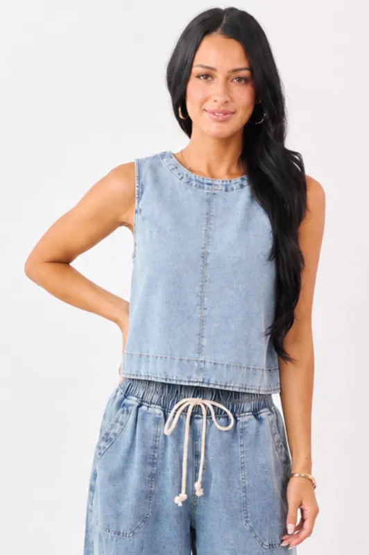 Medium Wash Back Button Down Denim Tank Top made by Blu Pepper