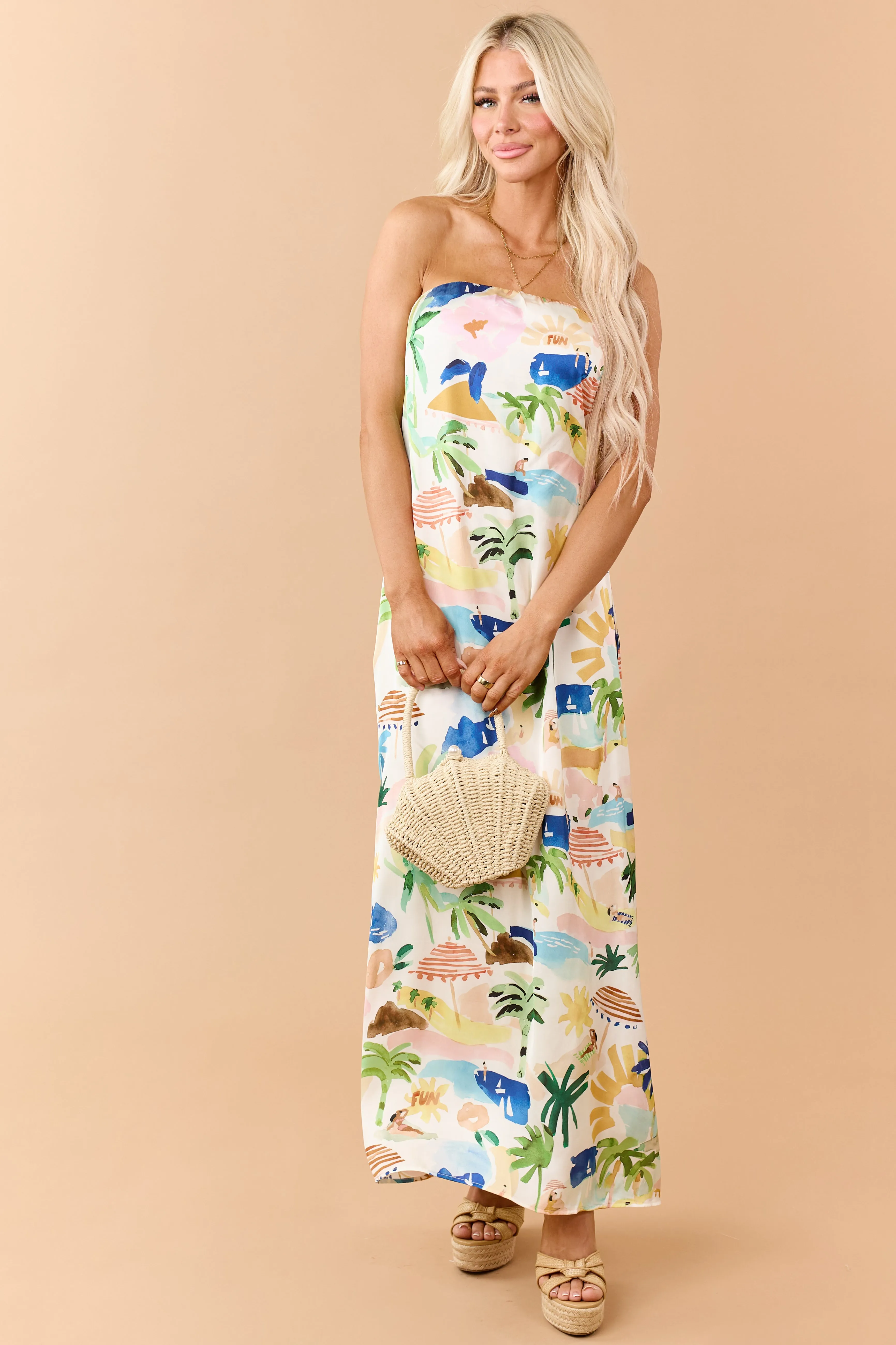 Ivory Satin Vacation Print Strapless Maxi Dress sold by Lime Lush product image thumbnail 3