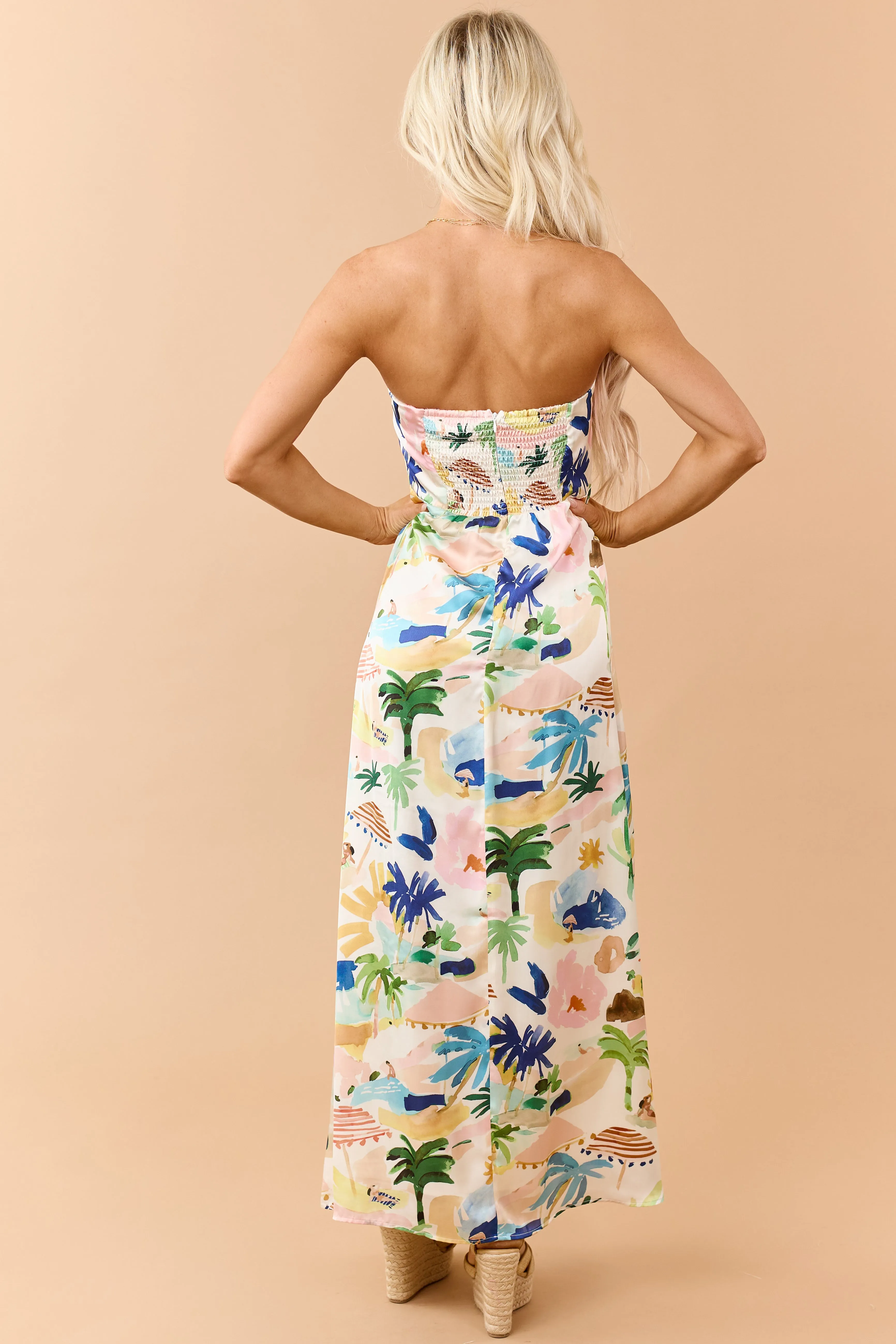 Ivory Satin Vacation Print Strapless Maxi Dress sold by Lime Lush product image thumbnail 5