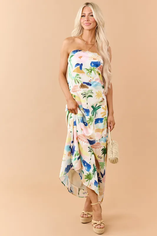 Ivory Satin Vacation Print Strapless Maxi Dress made by Dress Forum