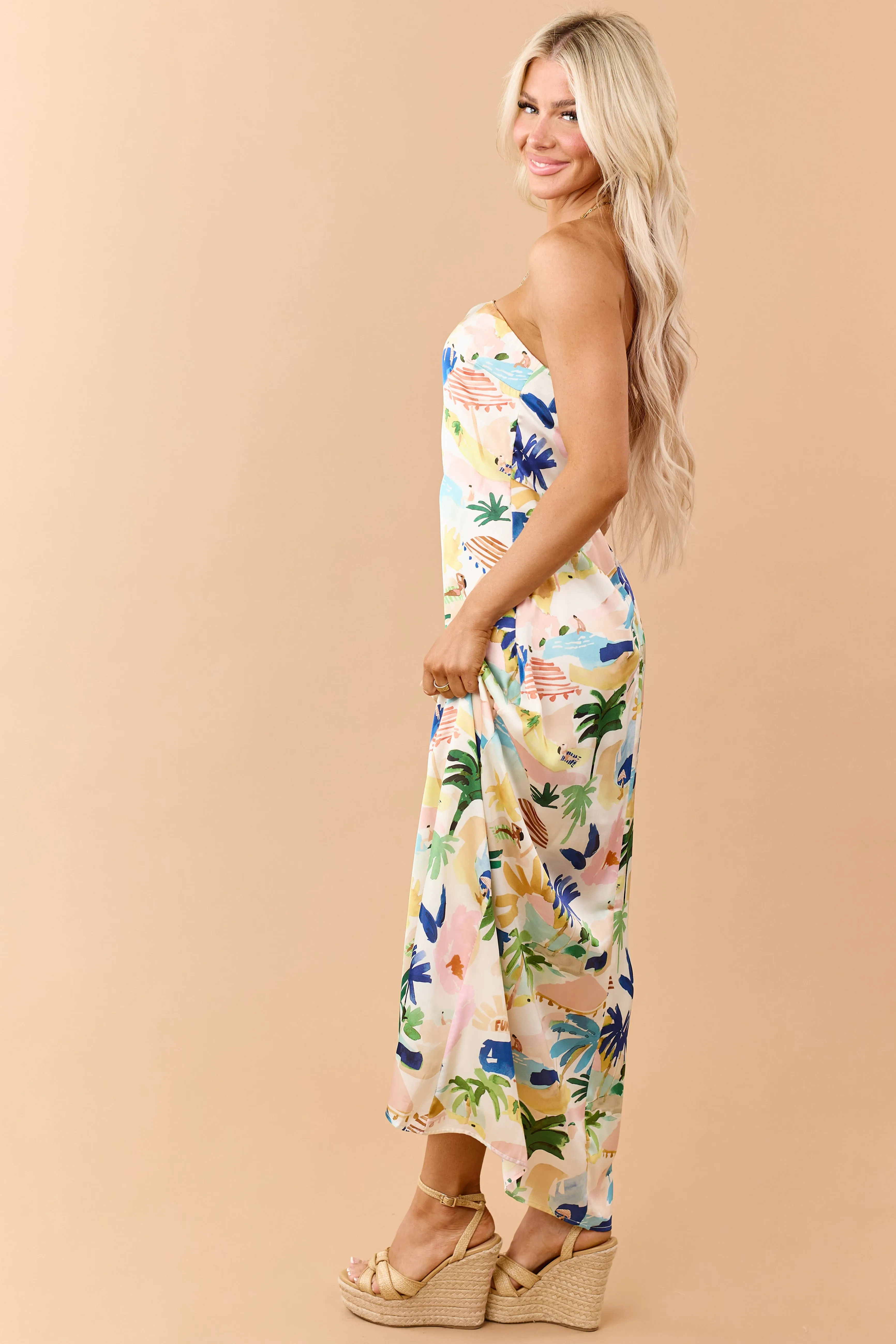 Ivory Satin Vacation Print Strapless Maxi Dress sold by Lime Lush product image thumbnail 4