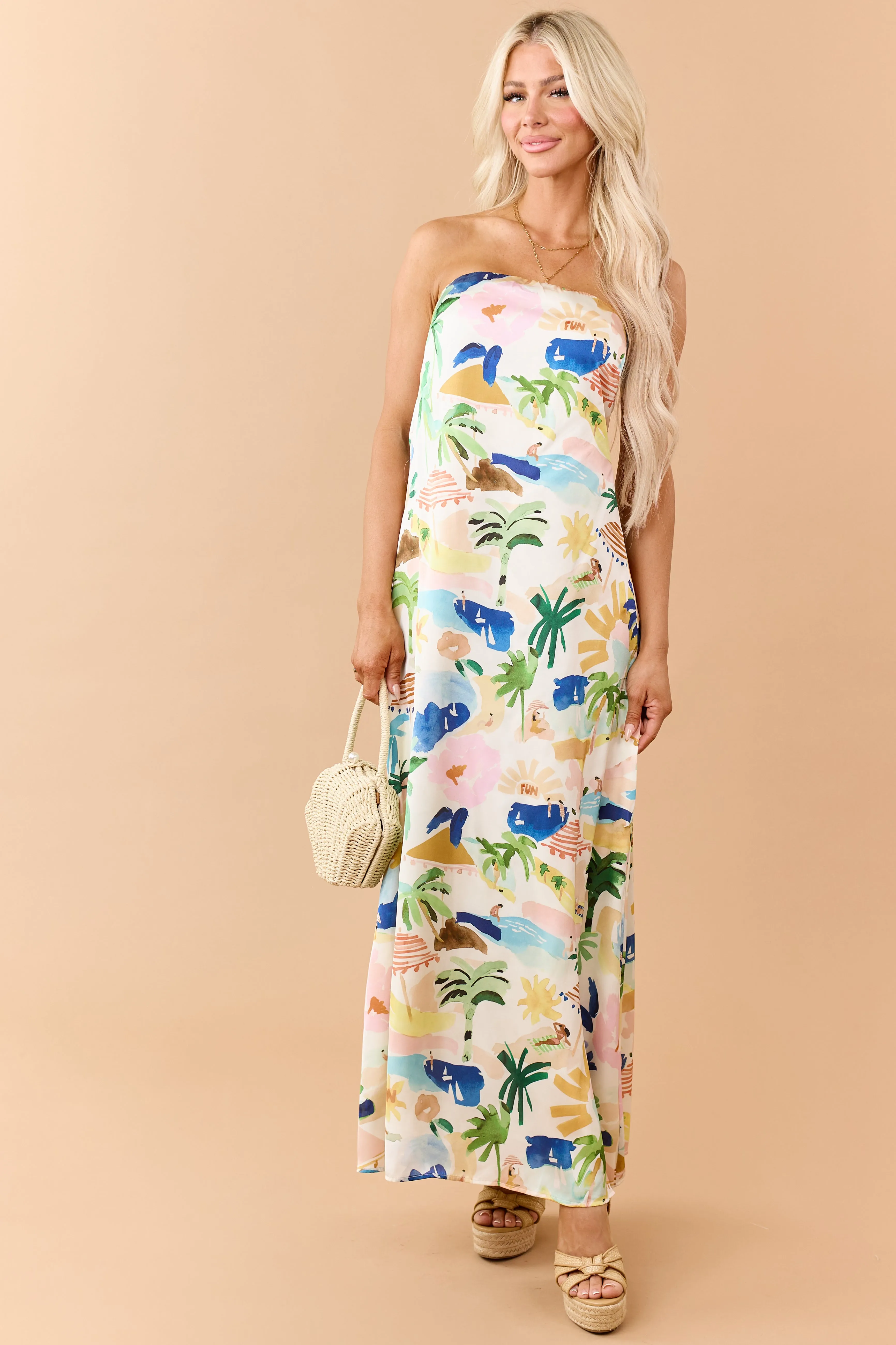 Ivory Satin Vacation Print Strapless Maxi Dress sold by Lime Lush product image thumbnail 2